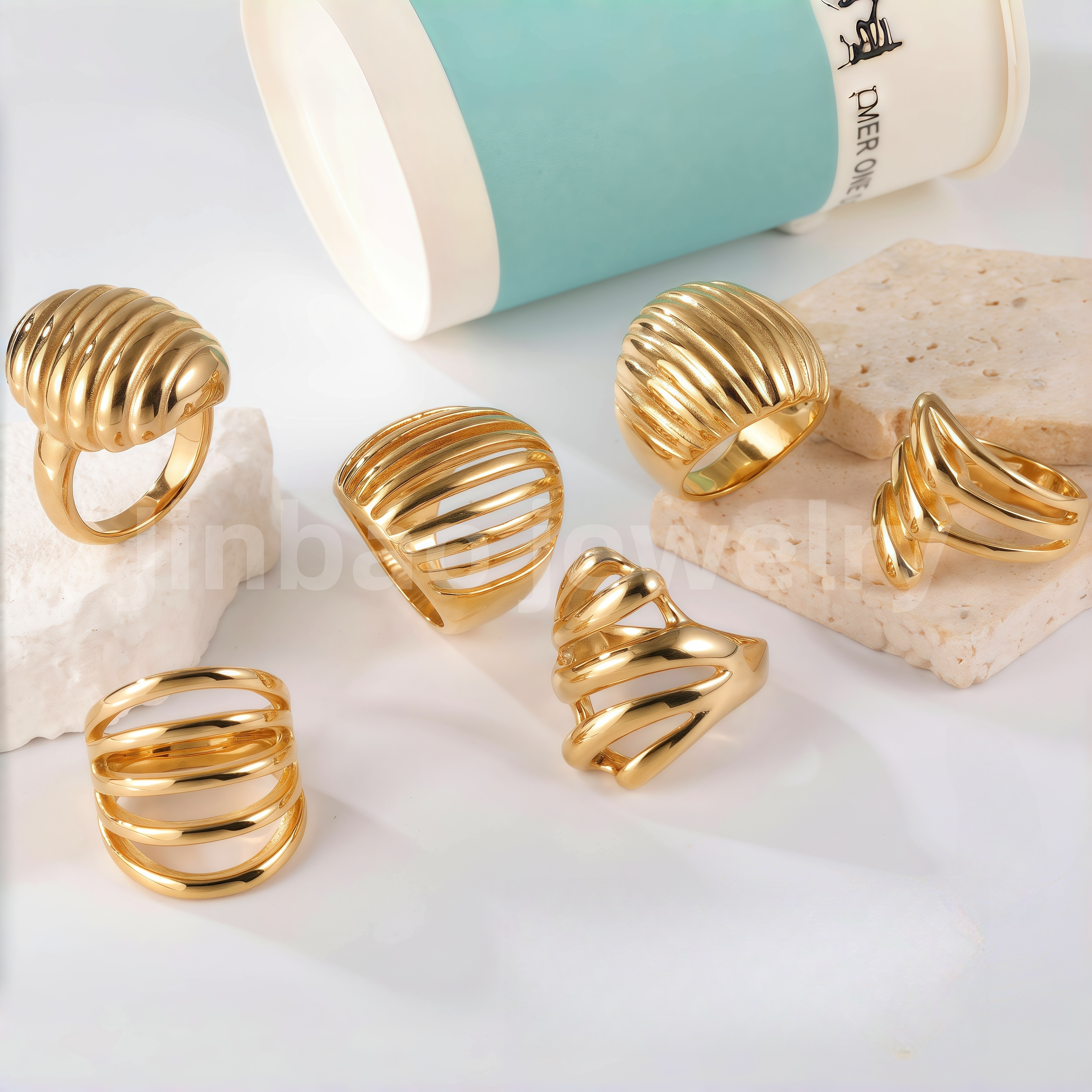 24K Gold PVD Stainless Steel Titanium Modern Twist Women's Ring-JinBaoJewerly