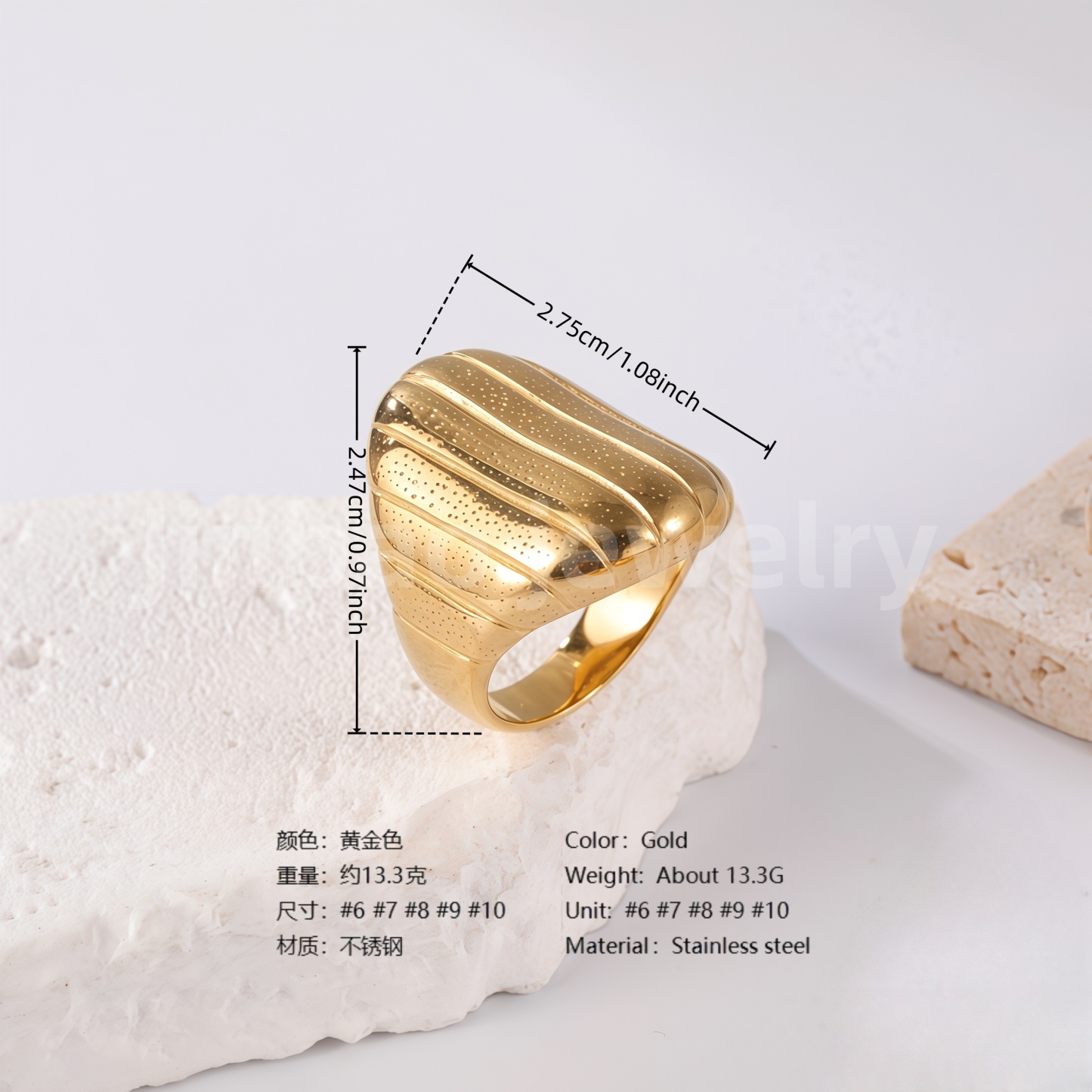 24K Gold PVD Stainless Steel Titanium Textured Elegance Women's Ring-JinBaoJewerly