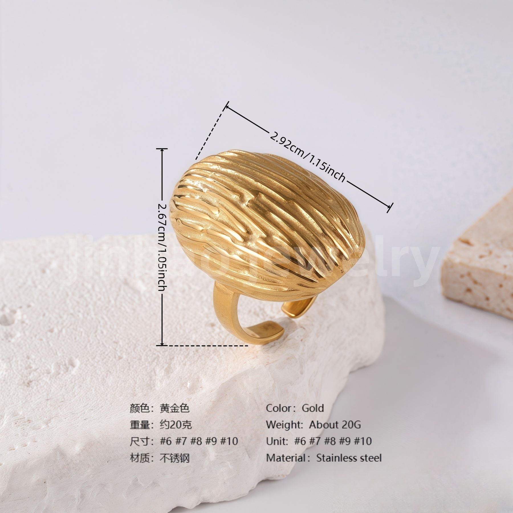 24K Gold PVD Stainless Steel Titanium Textured Elegance Women's Ring-JinBaoJewerly