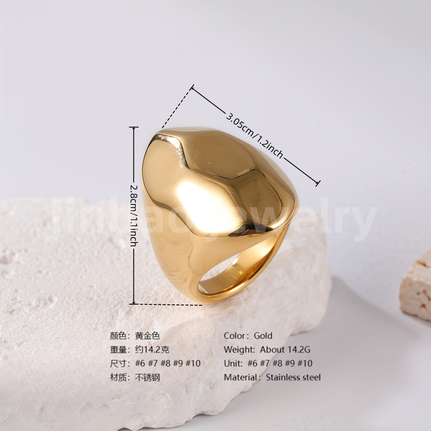 24K Gold PVD Stainless Steel Titanium Bold Contemporary Women's Ring-JinBaoJewerly