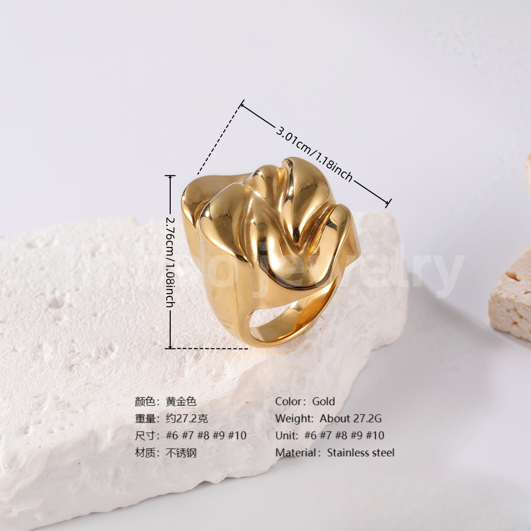 24K Gold PVD Stainless Steel Titanium Bold Contemporary Women's Ring-JinBaoJewerly