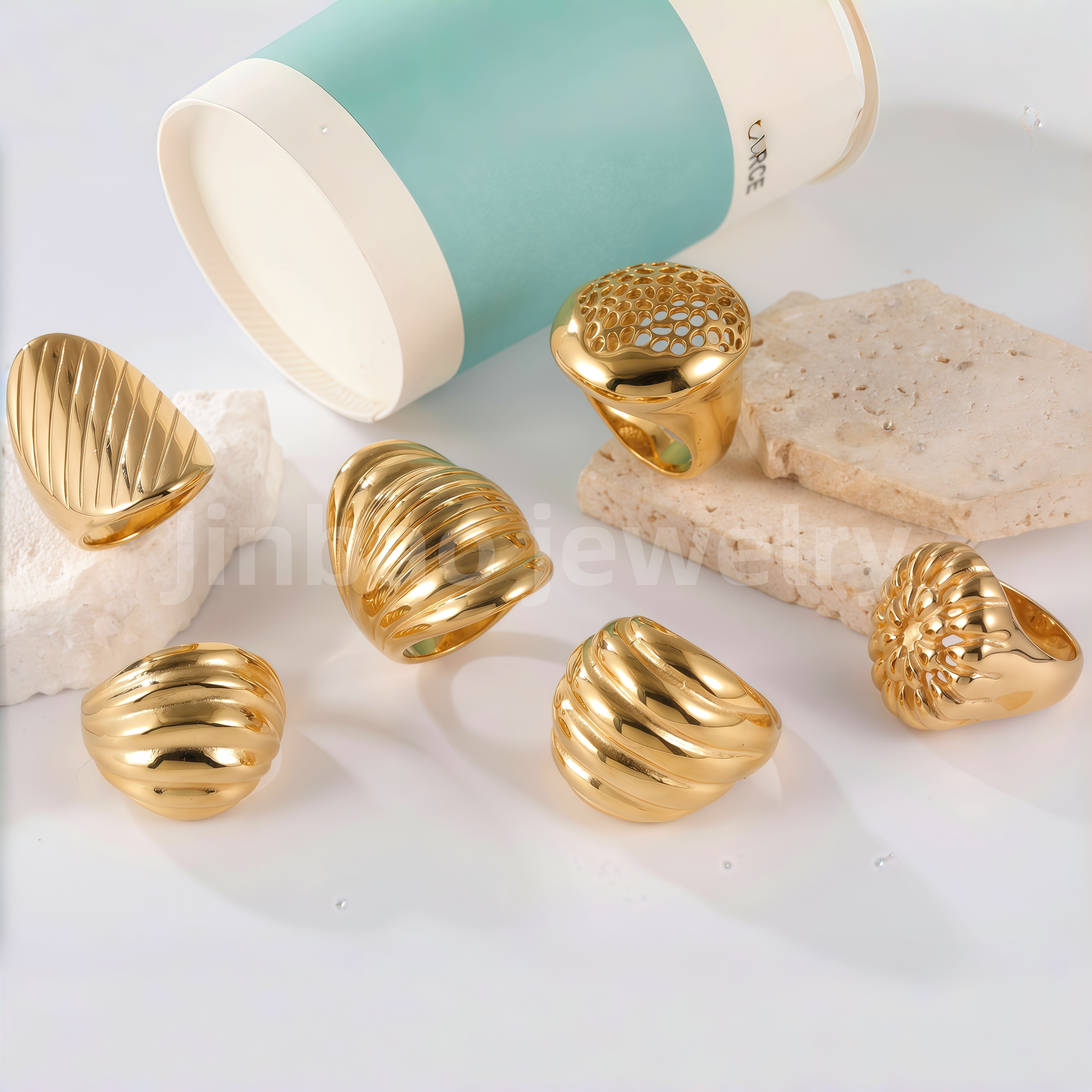 24K Gold PVD Stainless Steel Titanium Waves Sculptural Women's Ring-JinBaoJewerly