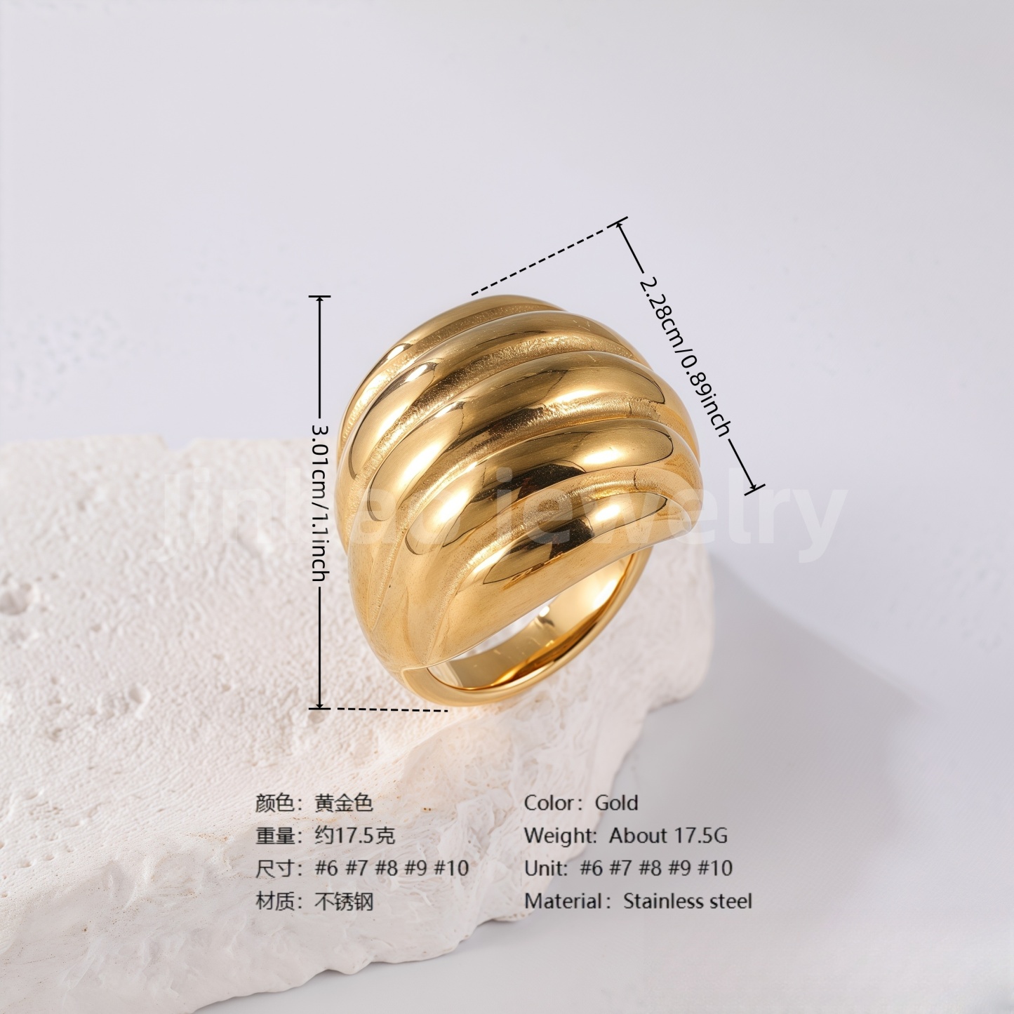 24K Gold PVD Stainless Steel Titanium Waves Sculptural Women's Ring-JinBaoJewerly