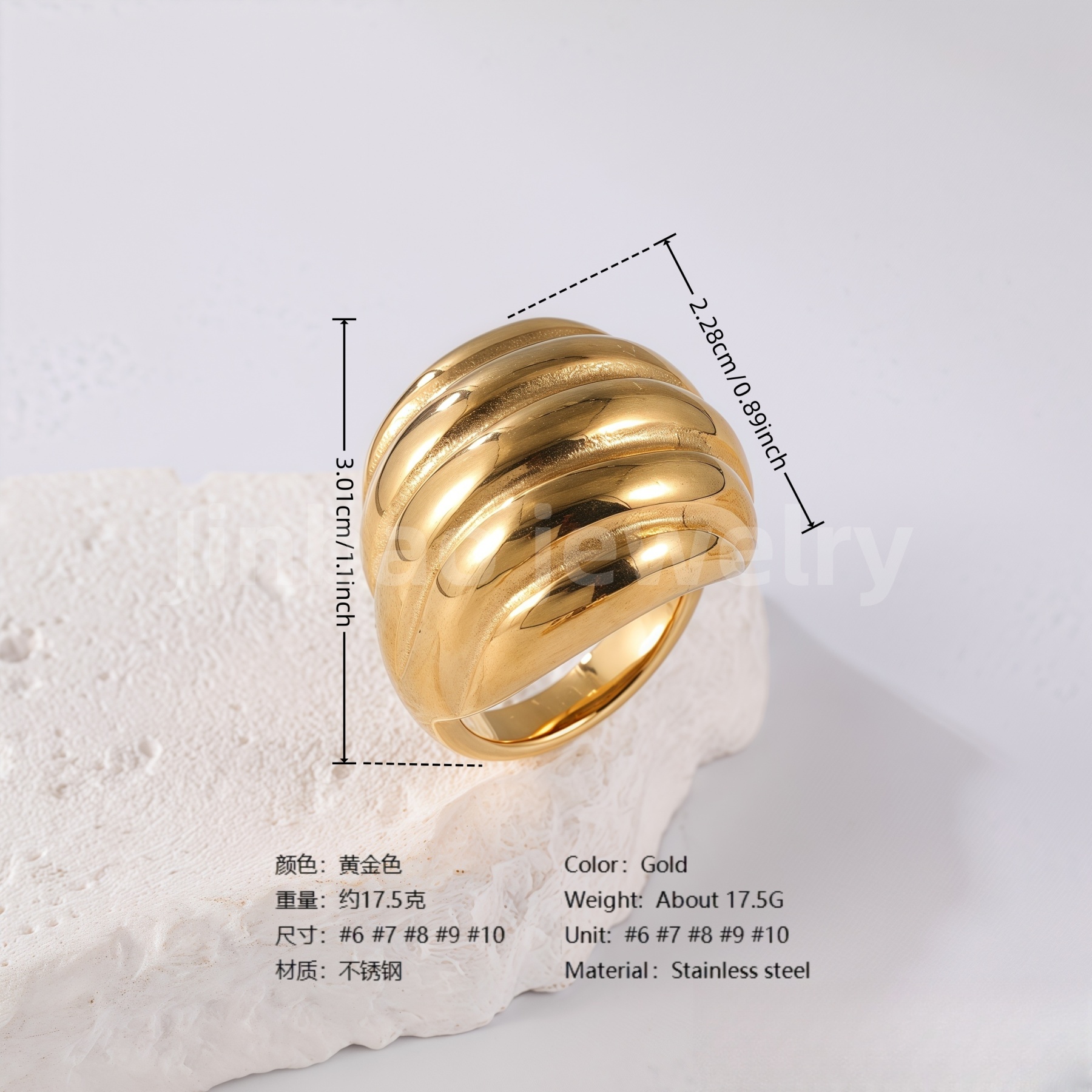 24K Gold PVD Stainless Steel Titanium Waves Sculptural Women's Ring-JinBaoJewerly