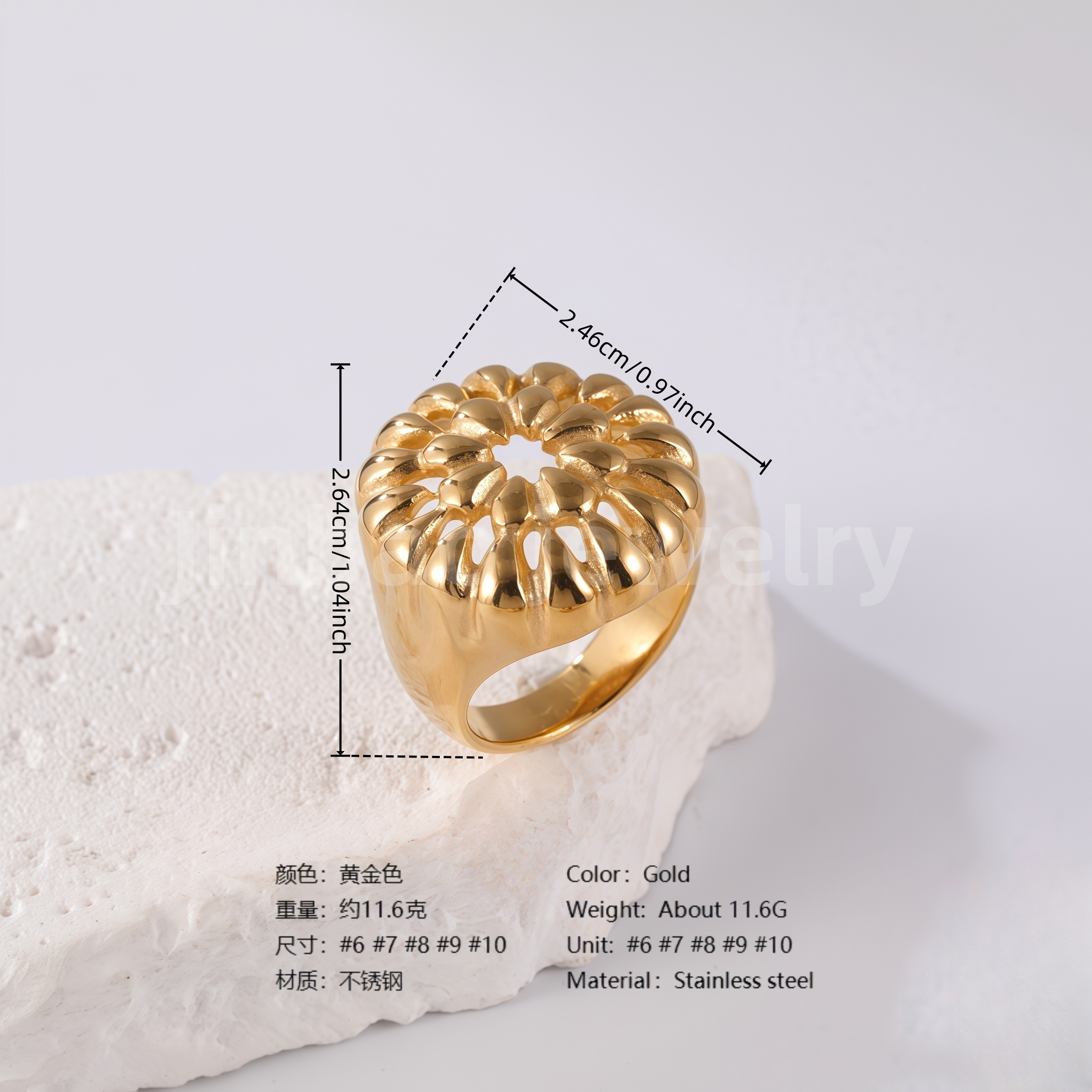 24K Gold PVD Stainless Steel Titanium Waves Sculptural Women's Ring-JinBaoJewerly