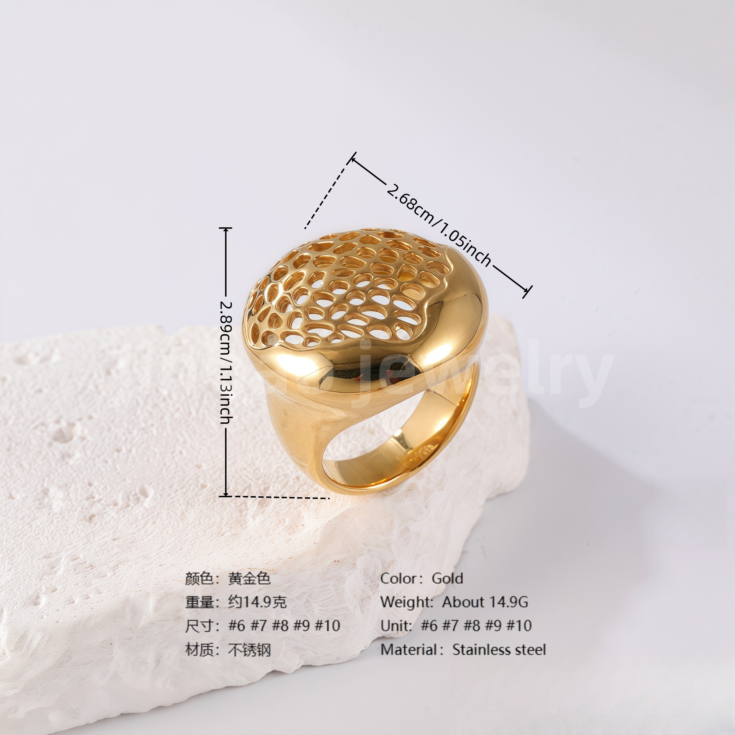24K Gold PVD Stainless Steel Titanium Waves Sculptural Women's Ring-JinBaoJewerly