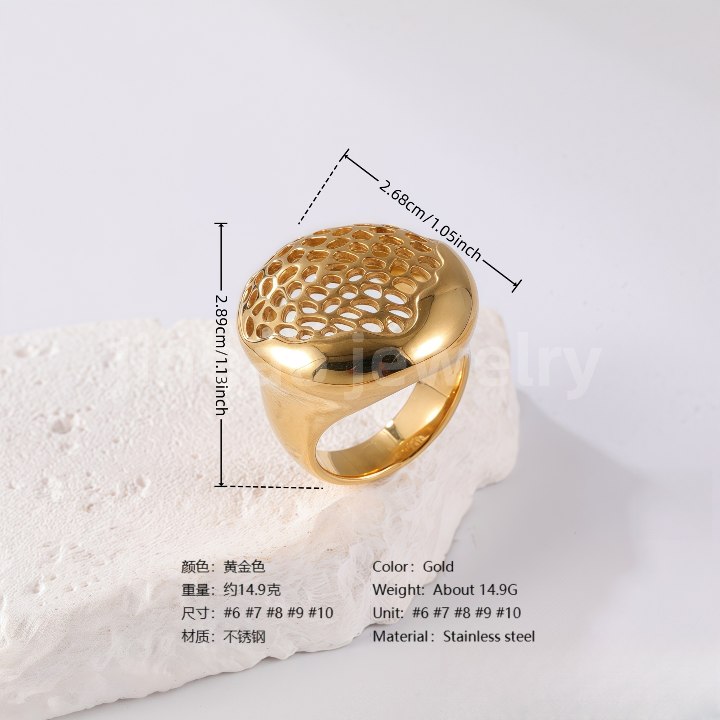 24K Gold PVD Stainless Steel Titanium Waves Sculptural Women's Ring-JinBaoJewerly