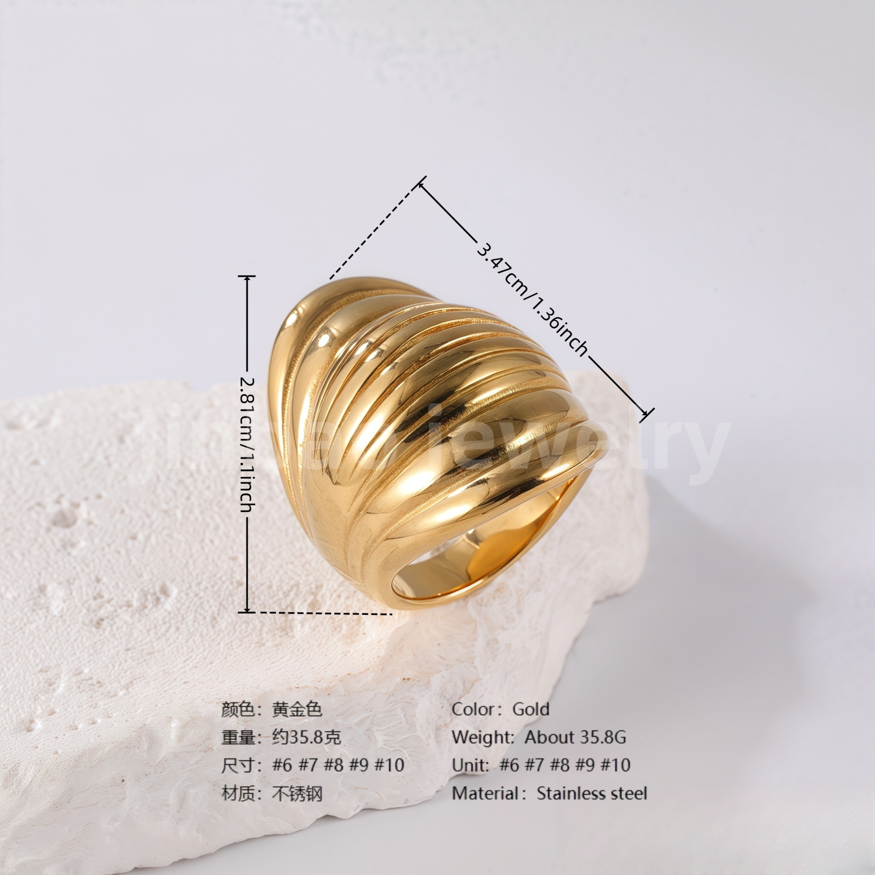 24K Gold PVD Stainless Steel Titanium Waves Sculptural Women's Ring-JinBaoJewerly