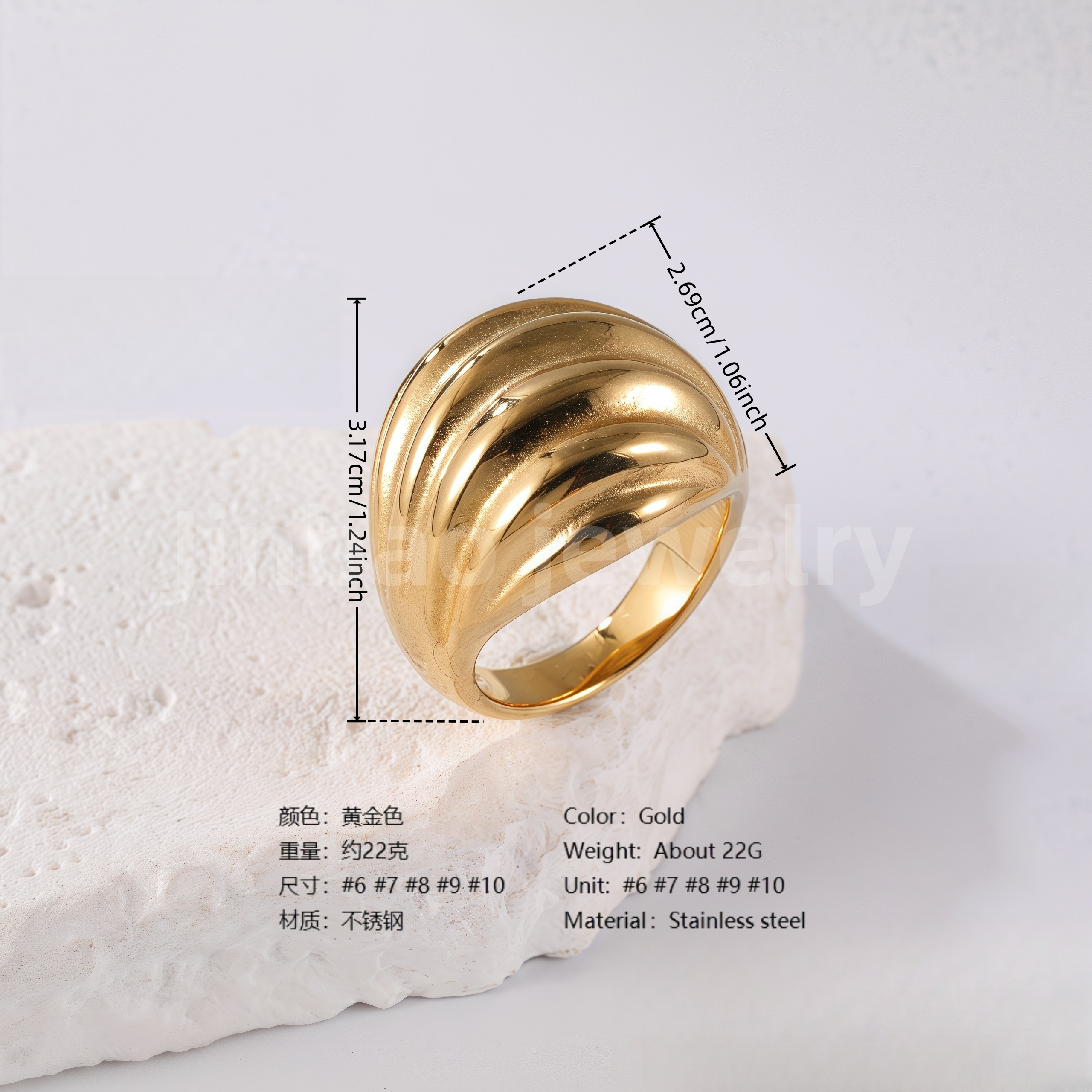 24K Gold PVD Stainless Steel Titanium Waves Sculptural Women's Ring-JinBaoJewerly