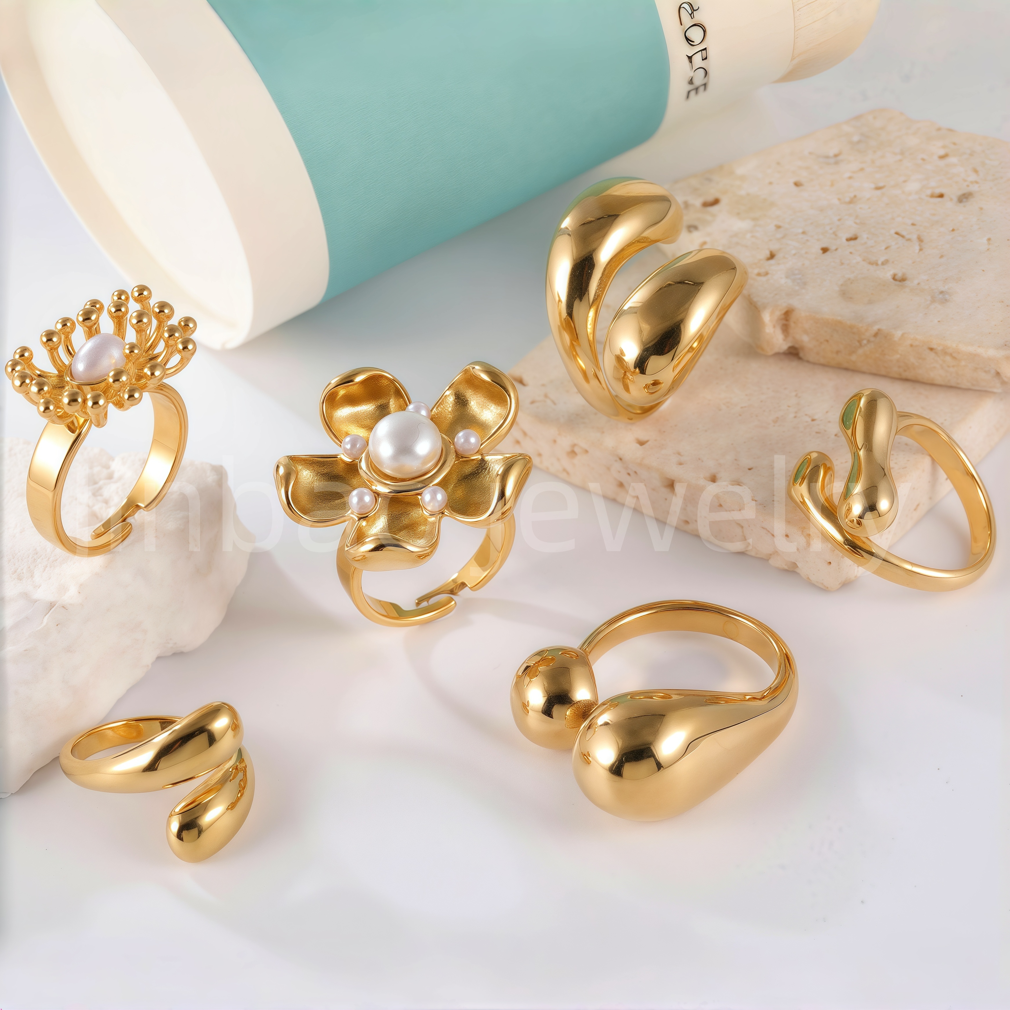 24K Gold PVD Stainless Steel Titanium Pearl Blossom Women's Ring-JinBaoJewerly