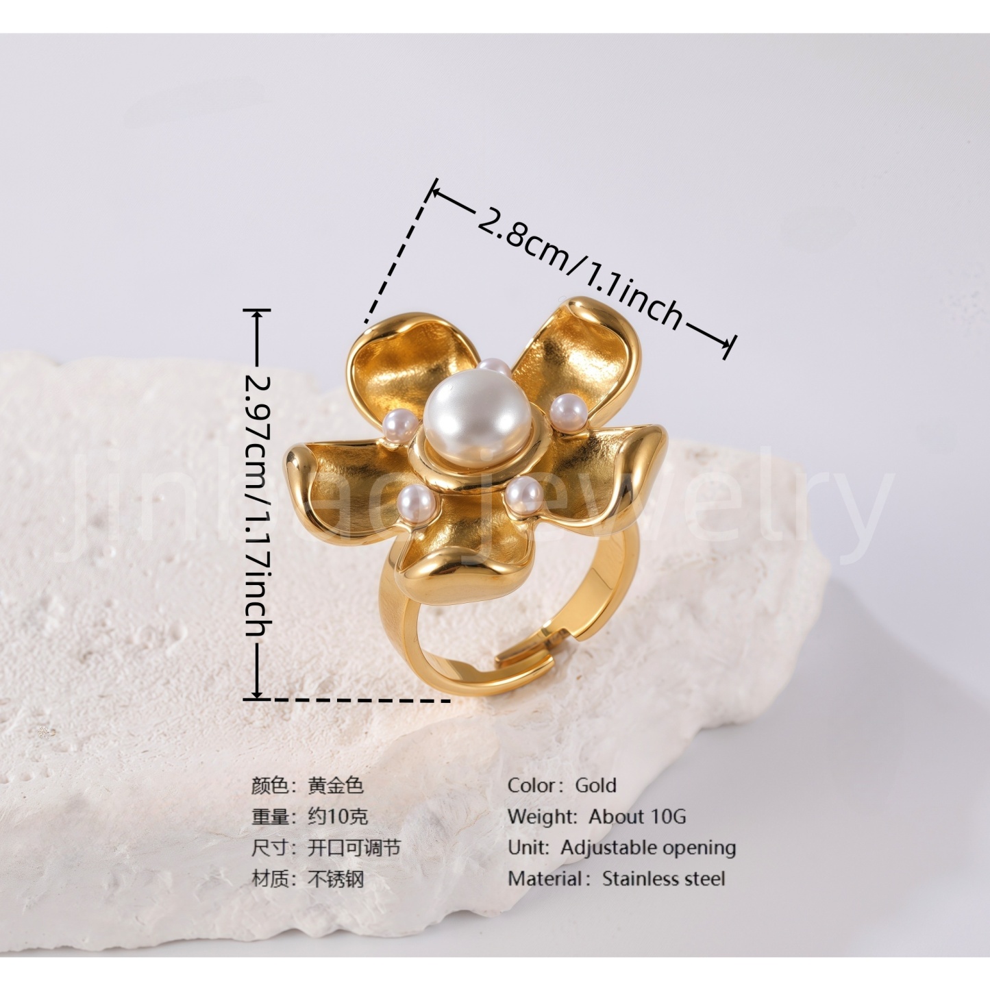 24K Gold PVD Stainless Steel Titanium Pearl Blossom Women's Ring-JinBaoJewerly
