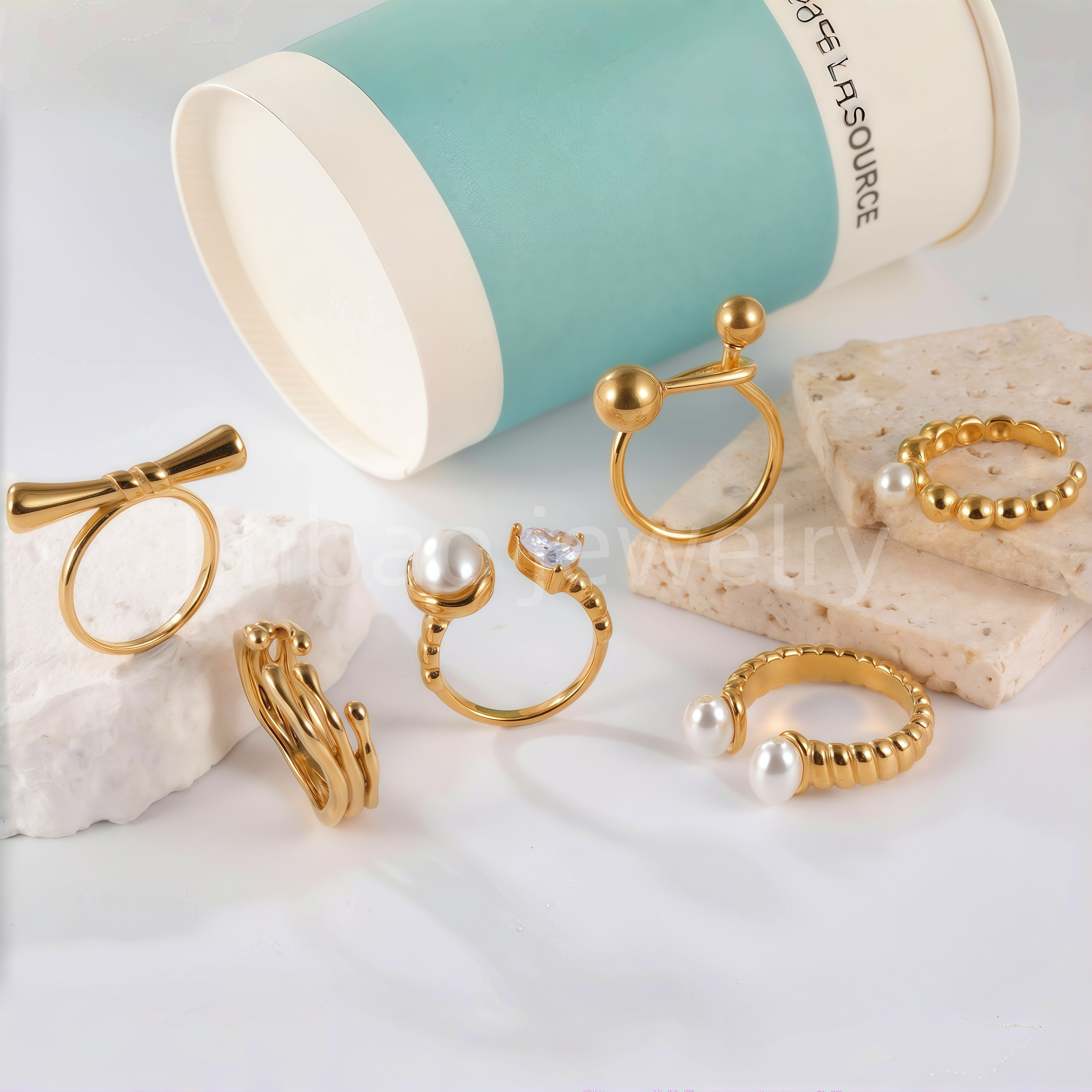 24K Gold PVD Stainless Steel Titanium Bead and Pearl Harmony Women's Ring-JinBaoJewerly