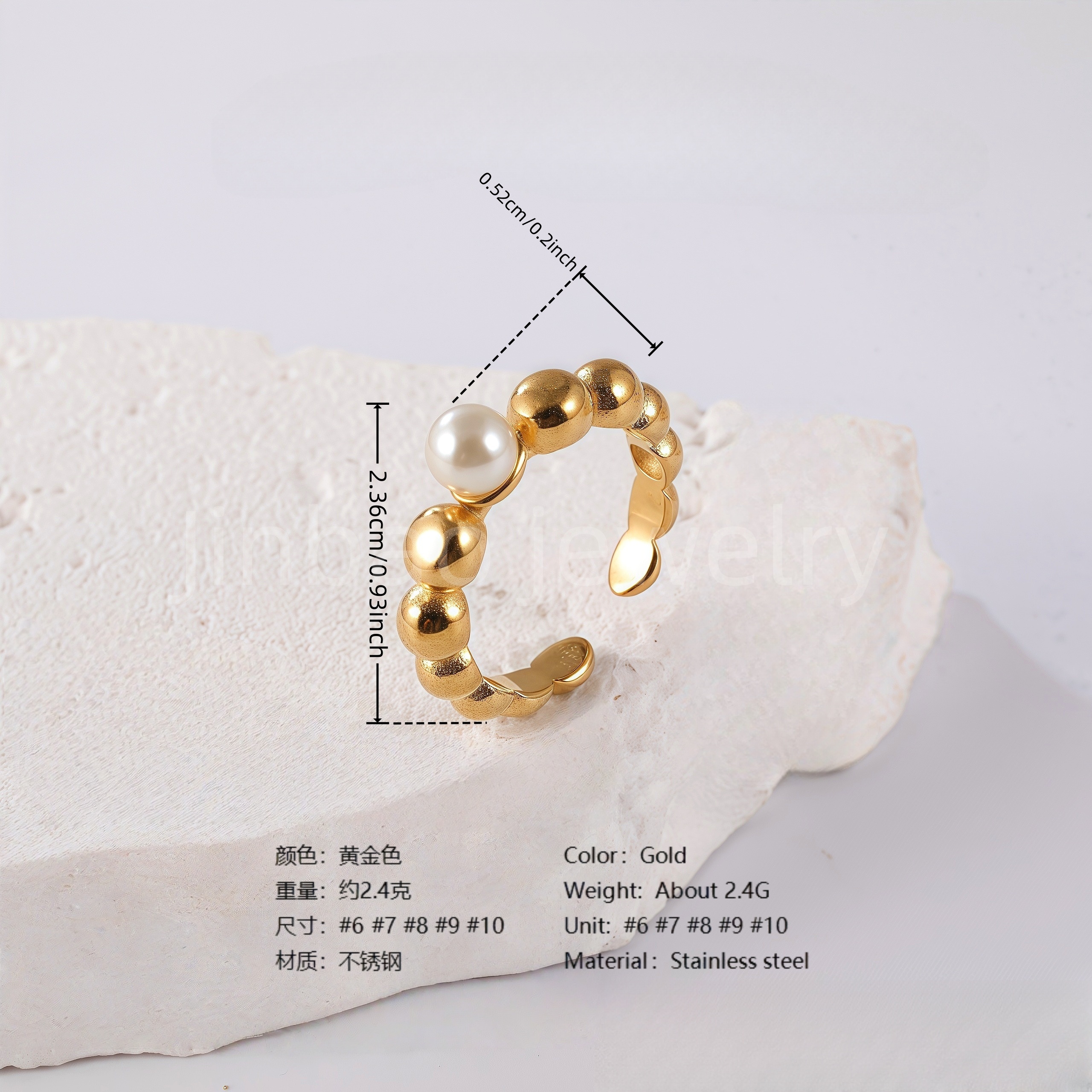 24K Gold PVD Stainless Steel Titanium Bead and Pearl Harmony Women's Ring-JinBaoJewerly