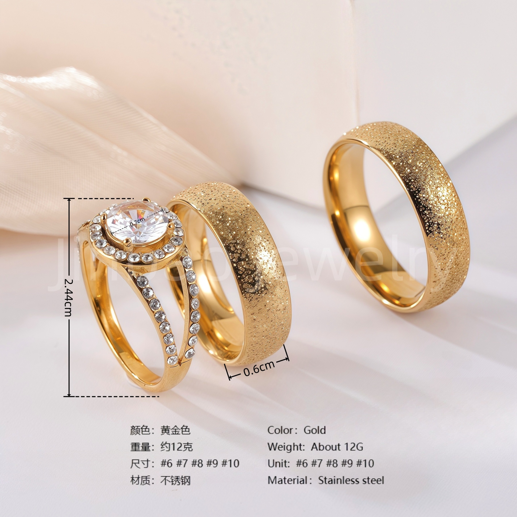 3 pc His & Her Eternal Sparkle Wedding Ring Set Hypoallergenic 24k Gold, Cubic Zirconia, Size 6-10-JinBaoJewerly