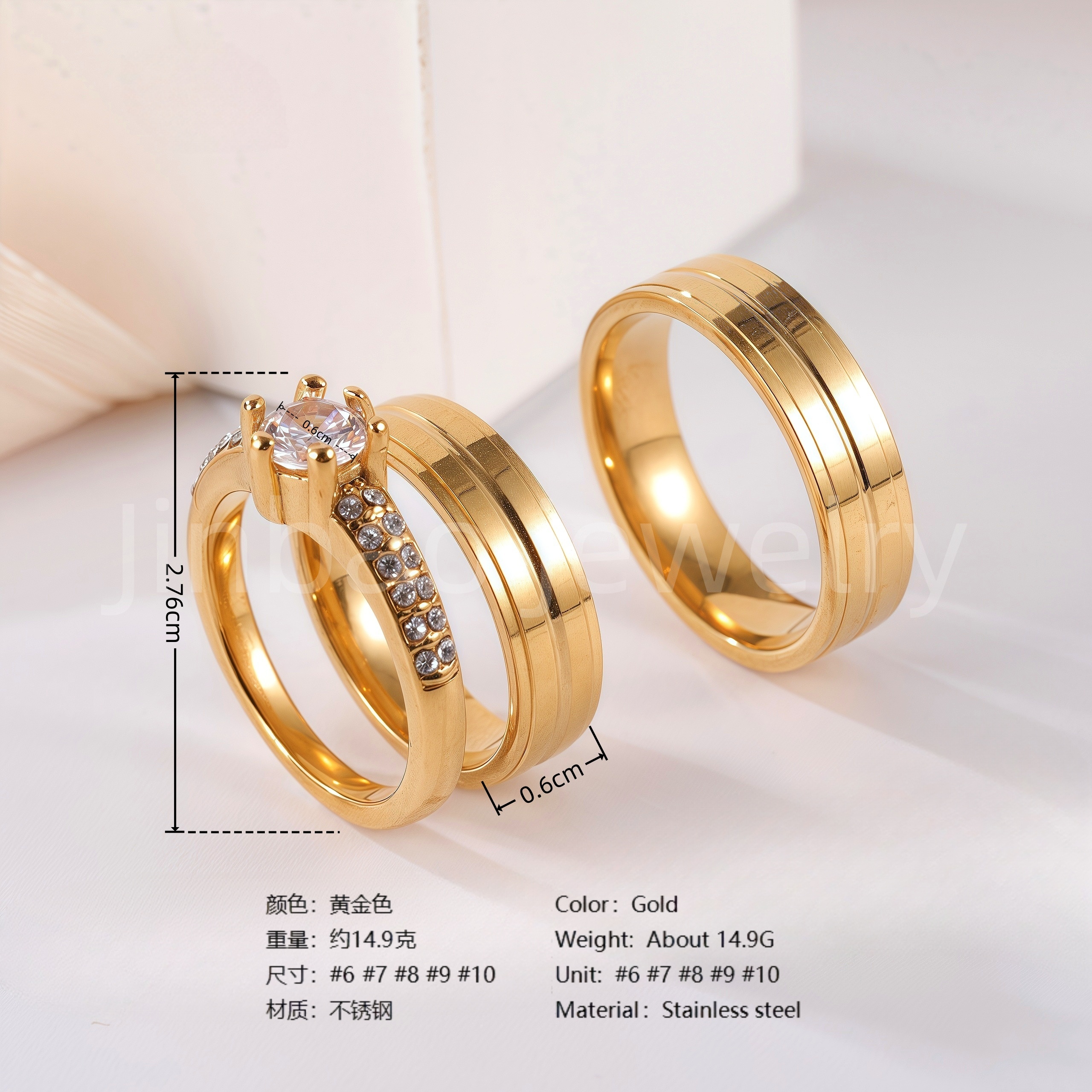 3 pc His & Her Eternal Sparkle Wedding Ring Set Hypoallergenic 24k Gold, Cubic Zirconia, Size 6-10-JinBaoJewerly