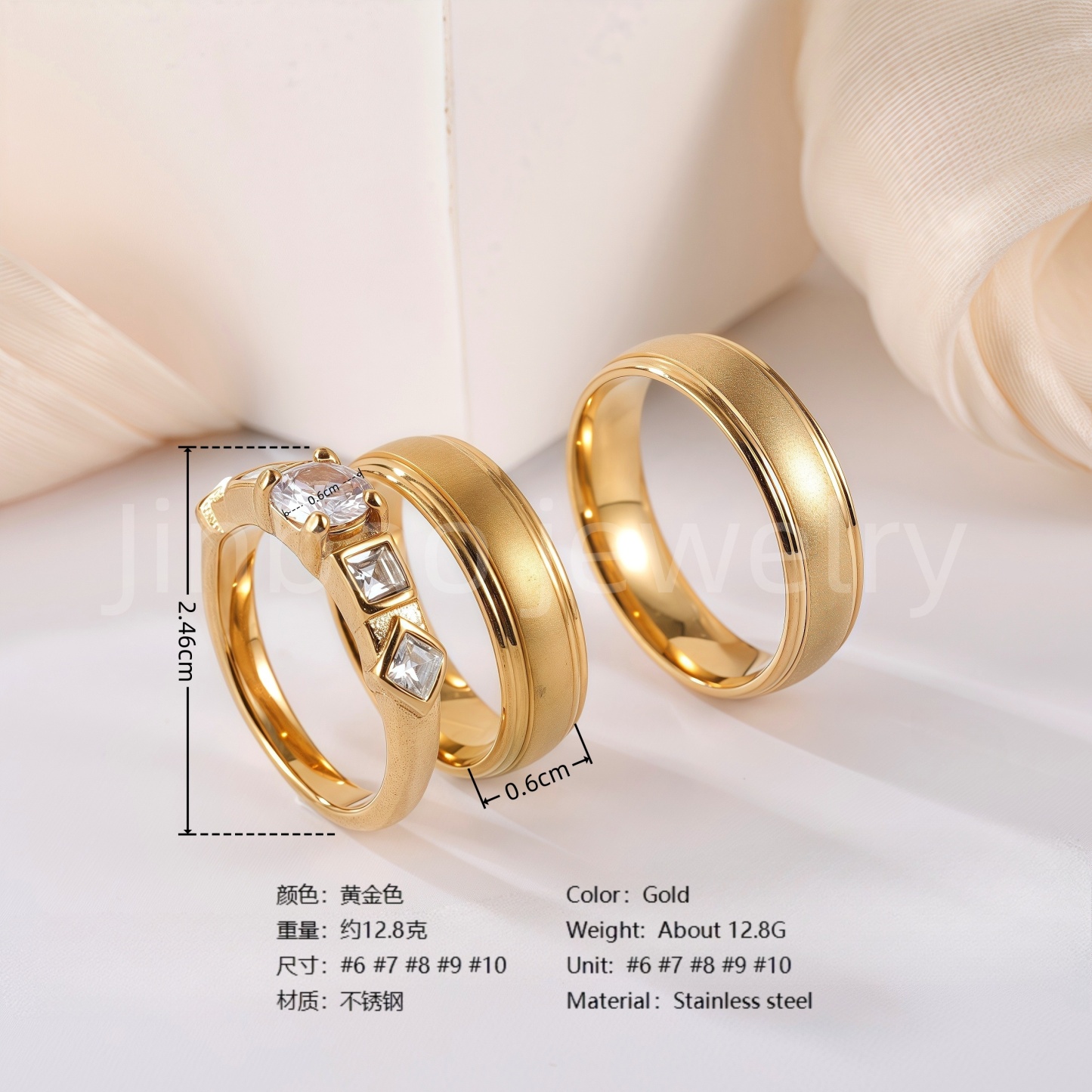 3 pc His & Her Eternal Sparkle Wedding Ring Set Hypoallergenic 24k Gold, Cubic Zirconia, Size 6-10-JinBaoJewerly