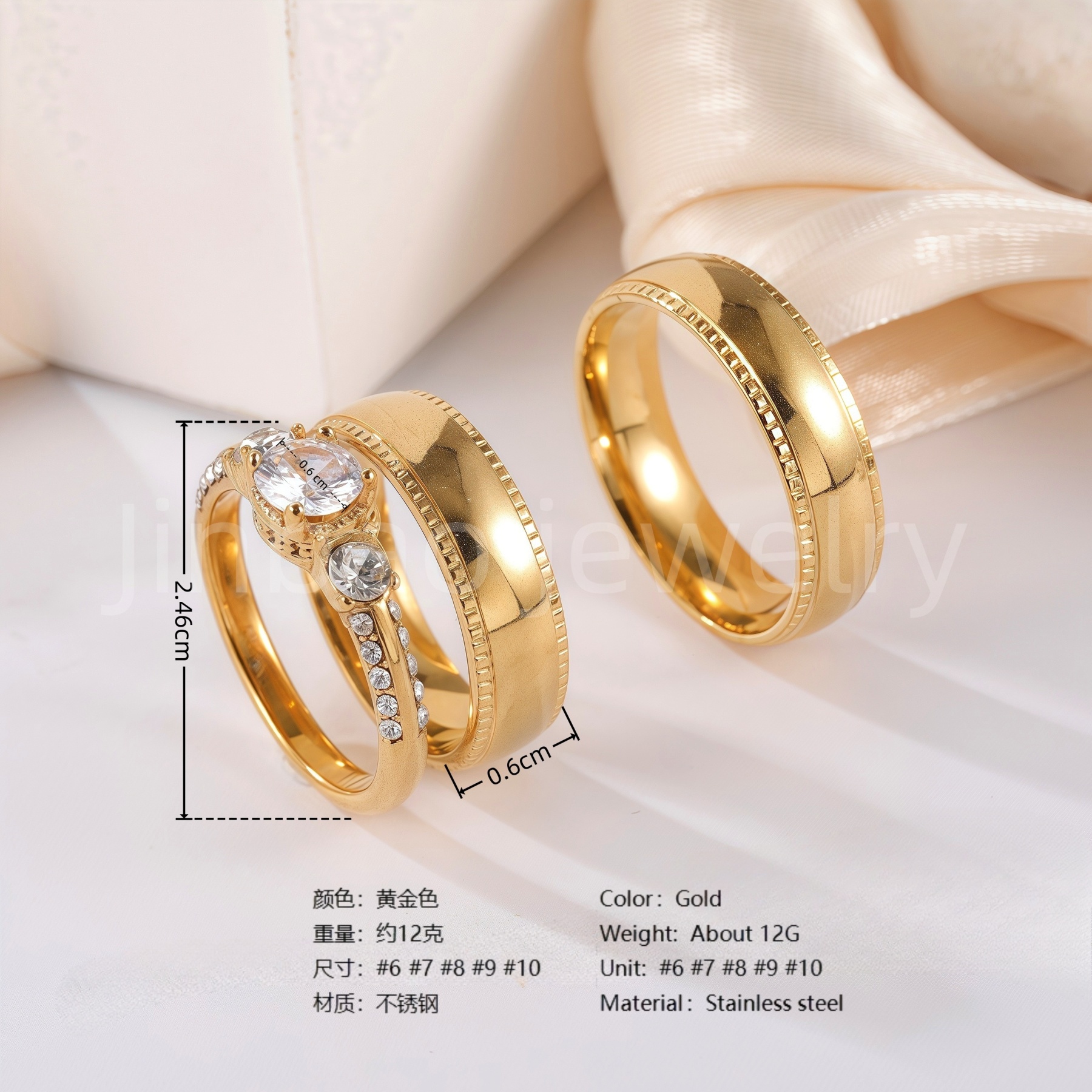 3 pc His & Her Eternal Sparkle Wedding Ring Set Hypoallergenic 24k Gold, Cubic Zirconia, Size 6-10-JinBaoJewerly