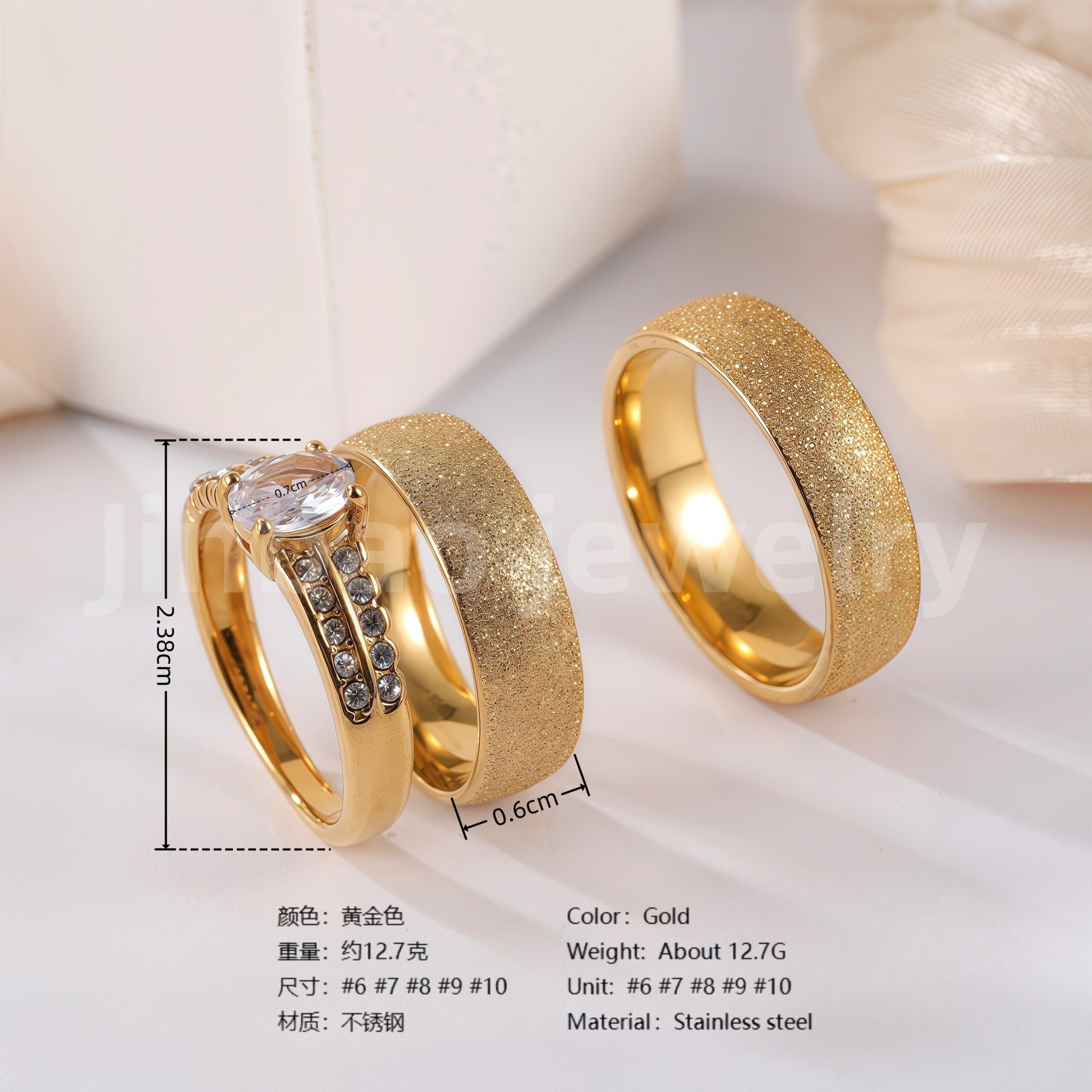 24k Gold-Plating 3 pc His & Her Wedding Ring Set Hypoallergenic, Cubic Zirconia Ring-JinBaoJewerly