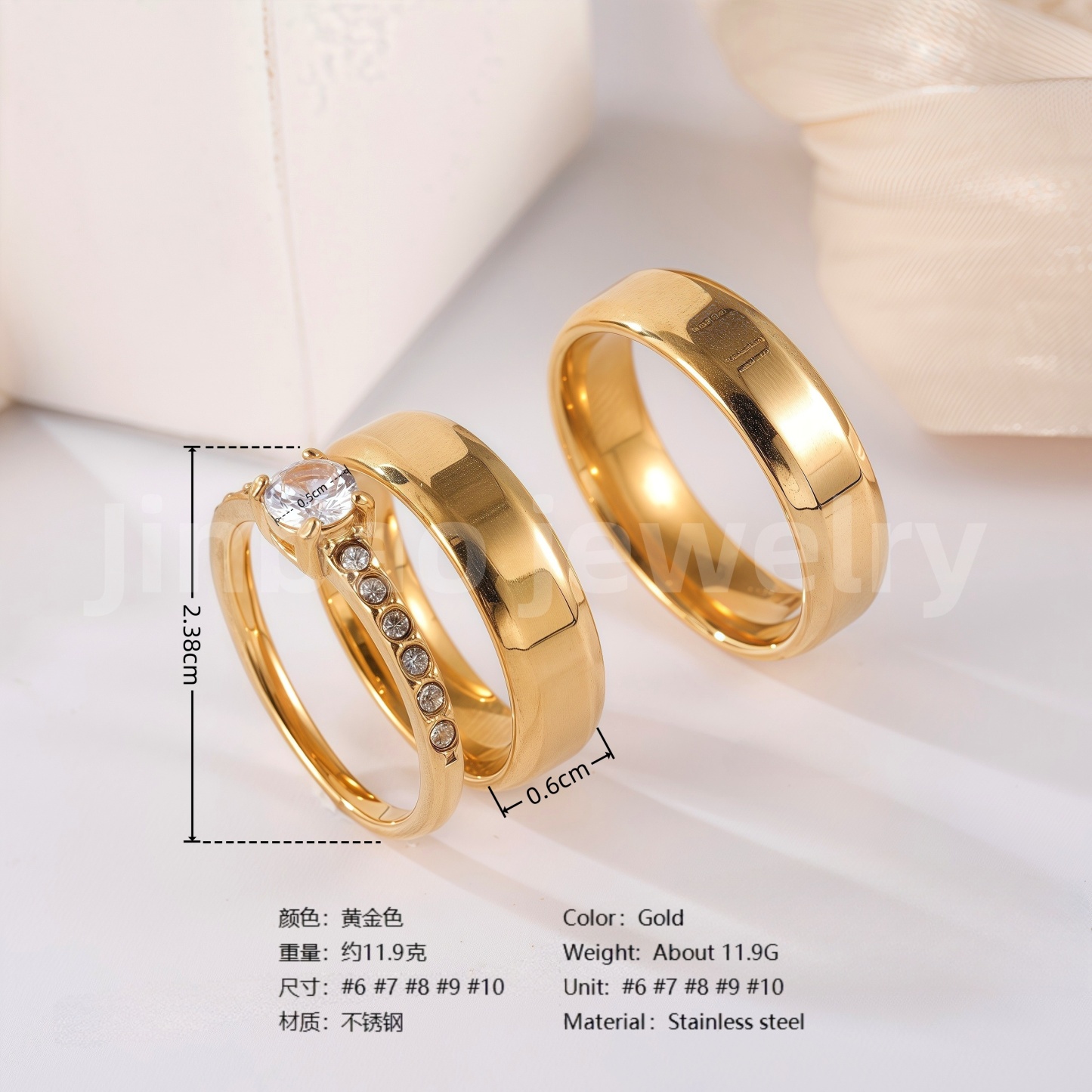24k Gold-Plating 3 pc His & Her Wedding Ring Set Hypoallergenic, Cubic Zirconia Ring-JinBaoJewerly