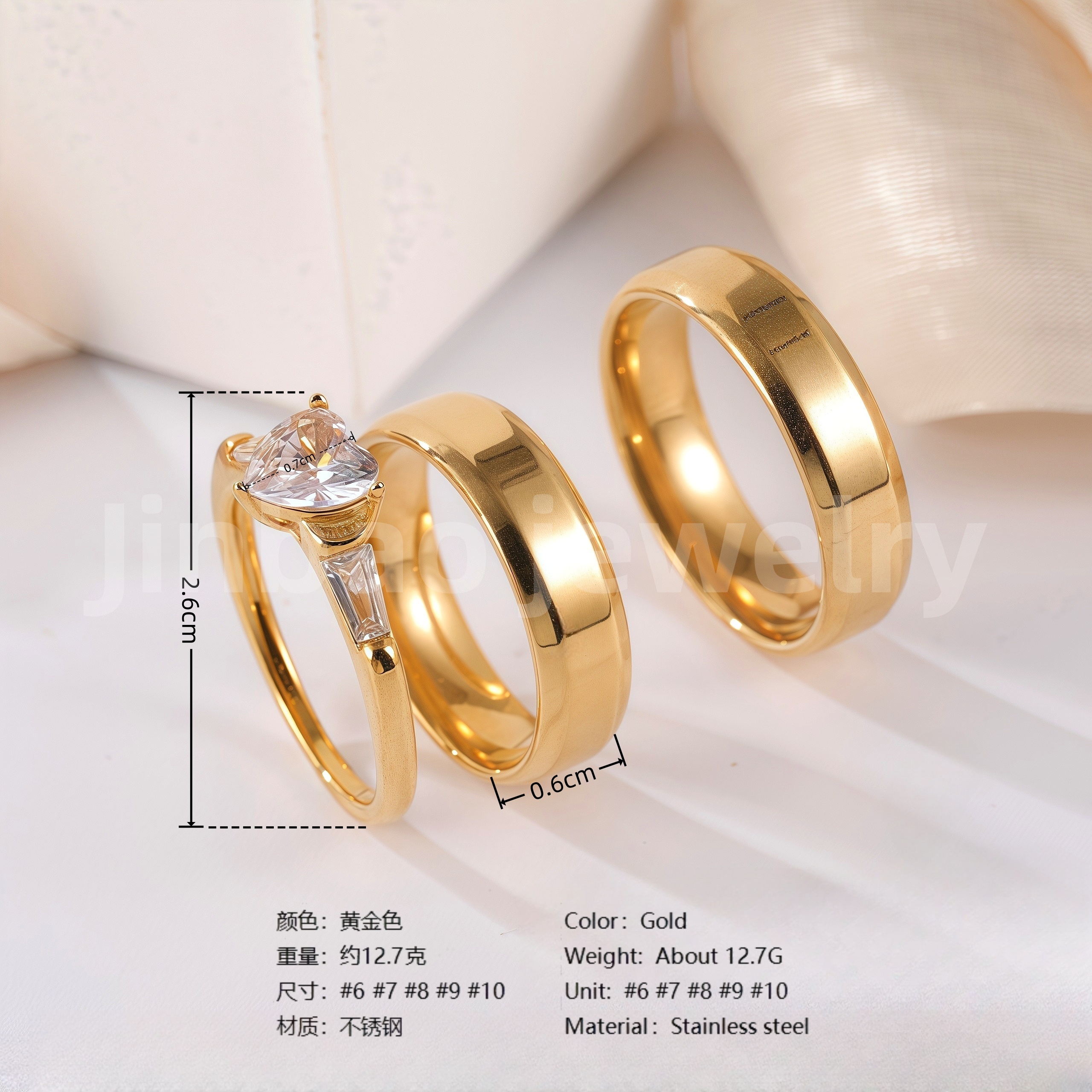 24k Gold-Plating 3 pc His & Her Wedding Ring Set Hypoallergenic, Cubic Zirconia Ring-JinBaoJewerly