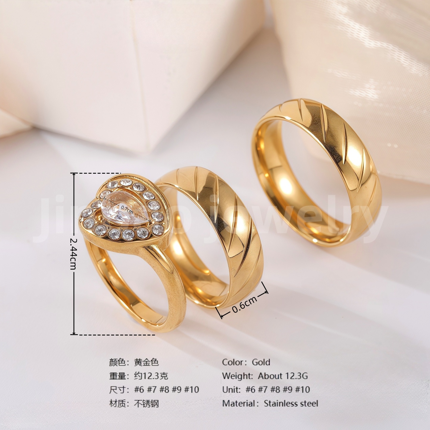 24k Gold-Plating 3 pc His & Her Wedding Ring Set Hypoallergenic, Cubic Zirconia Ring-JinBaoJewerly