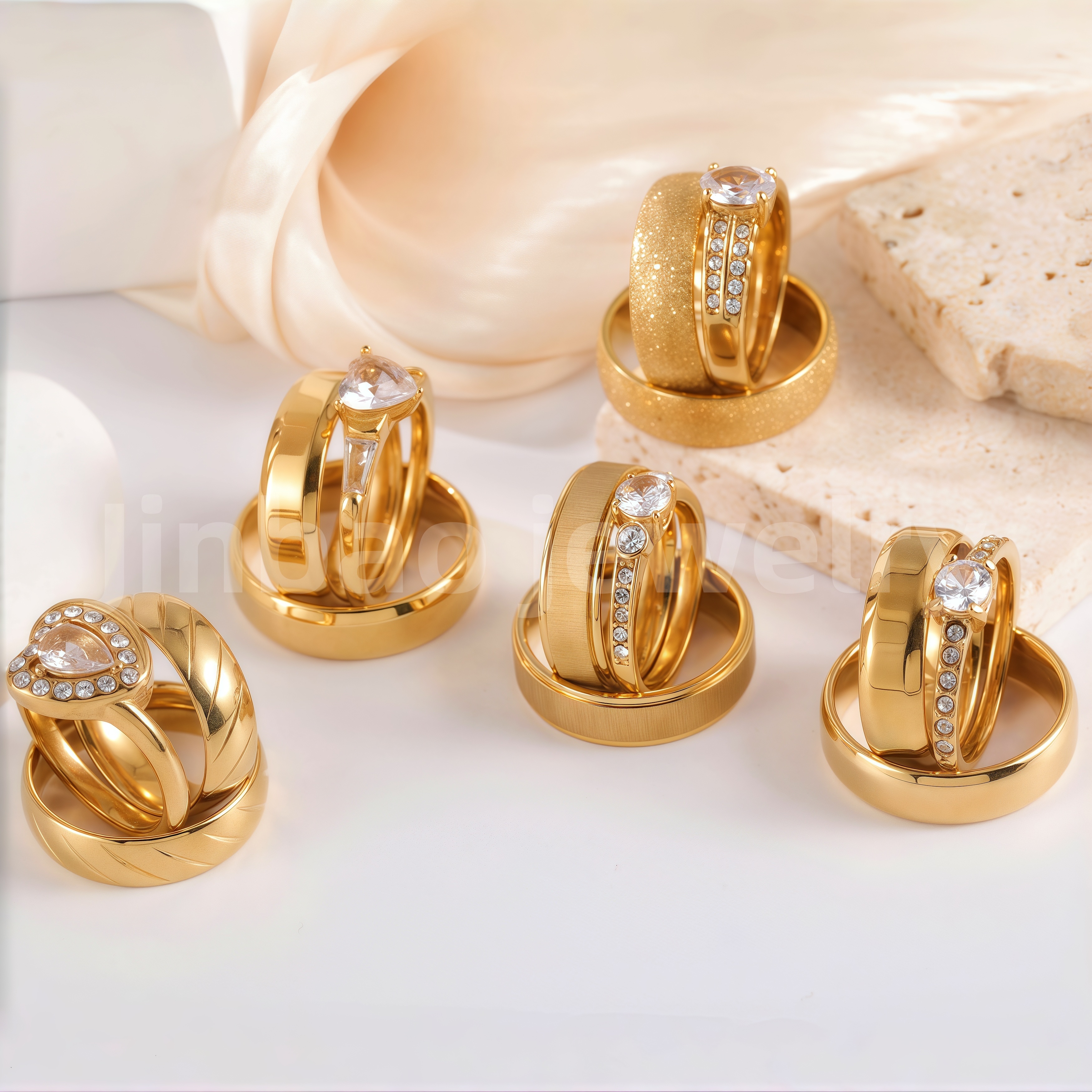 24k Gold-Plating 3 pc His & Her Wedding Ring Set Hypoallergenic, Cubic Zirconia Ring-JinBaoJewerly