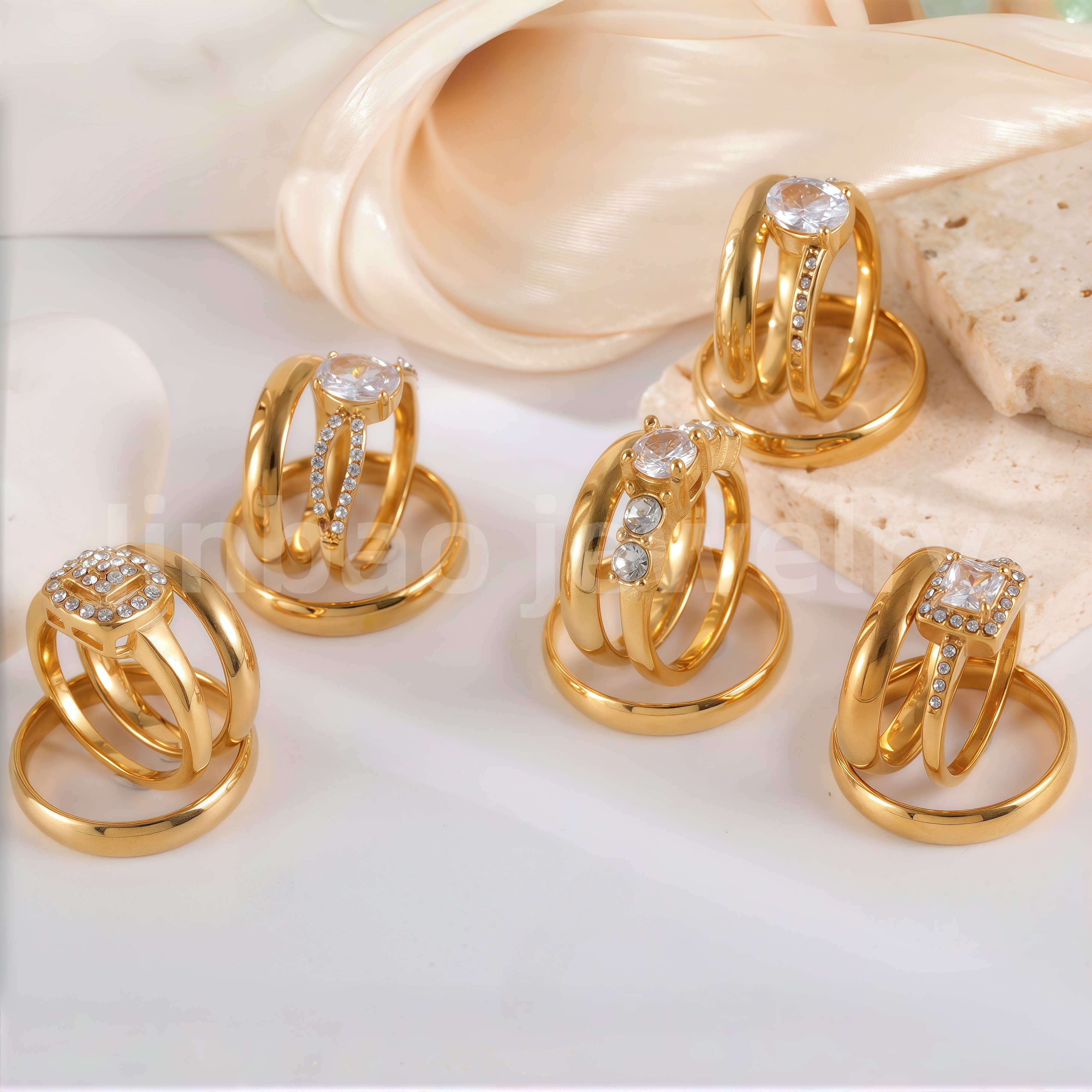 3 pc His & Her Gleaming Elegance Wedding Ring Set Hypoallergenic 24k Gold, Cubic Zirconia, Size 6-10-JinBaoJewerly