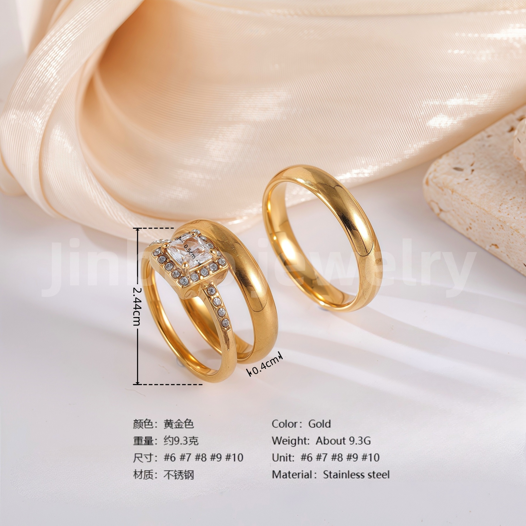 3 pc His & Her Gleaming Elegance Wedding Ring Set Hypoallergenic 24k Gold, Cubic Zirconia, Size 6-10-JinBaoJewerly