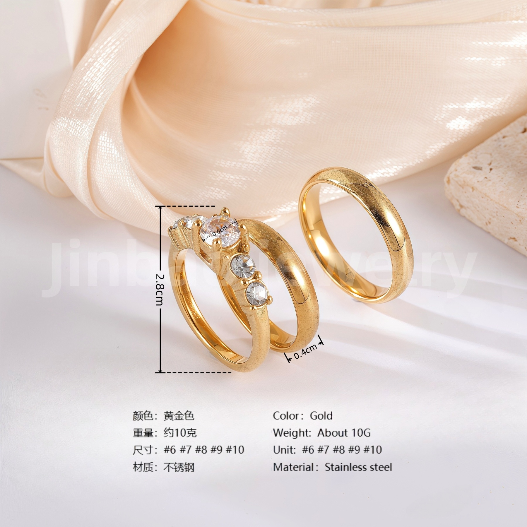 3 pc His & Her Gleaming Elegance Wedding Ring Set Hypoallergenic 24k Gold, Cubic Zirconia, Size 6-10-JinBaoJewerly