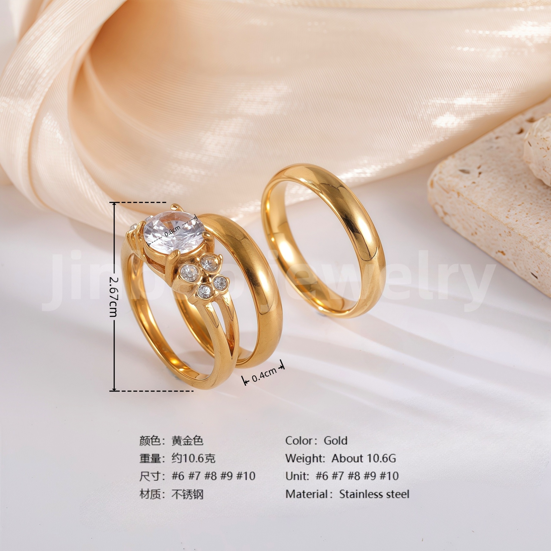 3 pc His & Her Crystal Glow Wedding Ring Set Hypoallergenic 24k Gold, Cubic Zirconia, Size 6-10-JinBaoJewerly