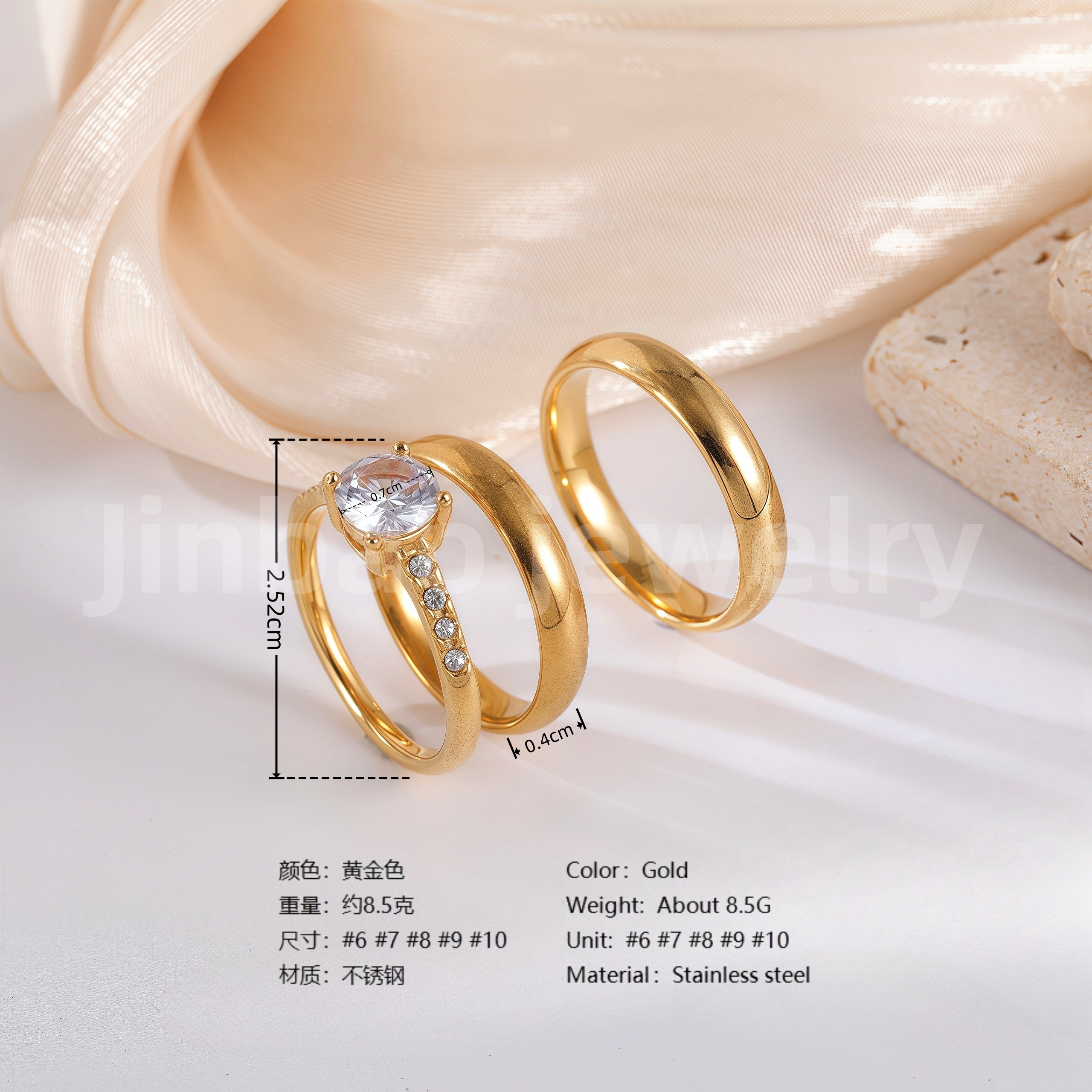 3 pc His & Her Crystal Glow Wedding Ring Set Hypoallergenic 24k Gold, Cubic Zirconia, Size 6-10-JinBaoJewerly