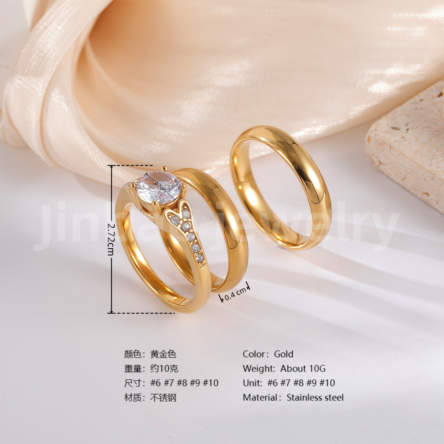 3 pc His & Her Crystal Glow Wedding Ring Set Hypoallergenic 24k Gold, Cubic Zirconia, Size 6-10-JinBaoJewerly