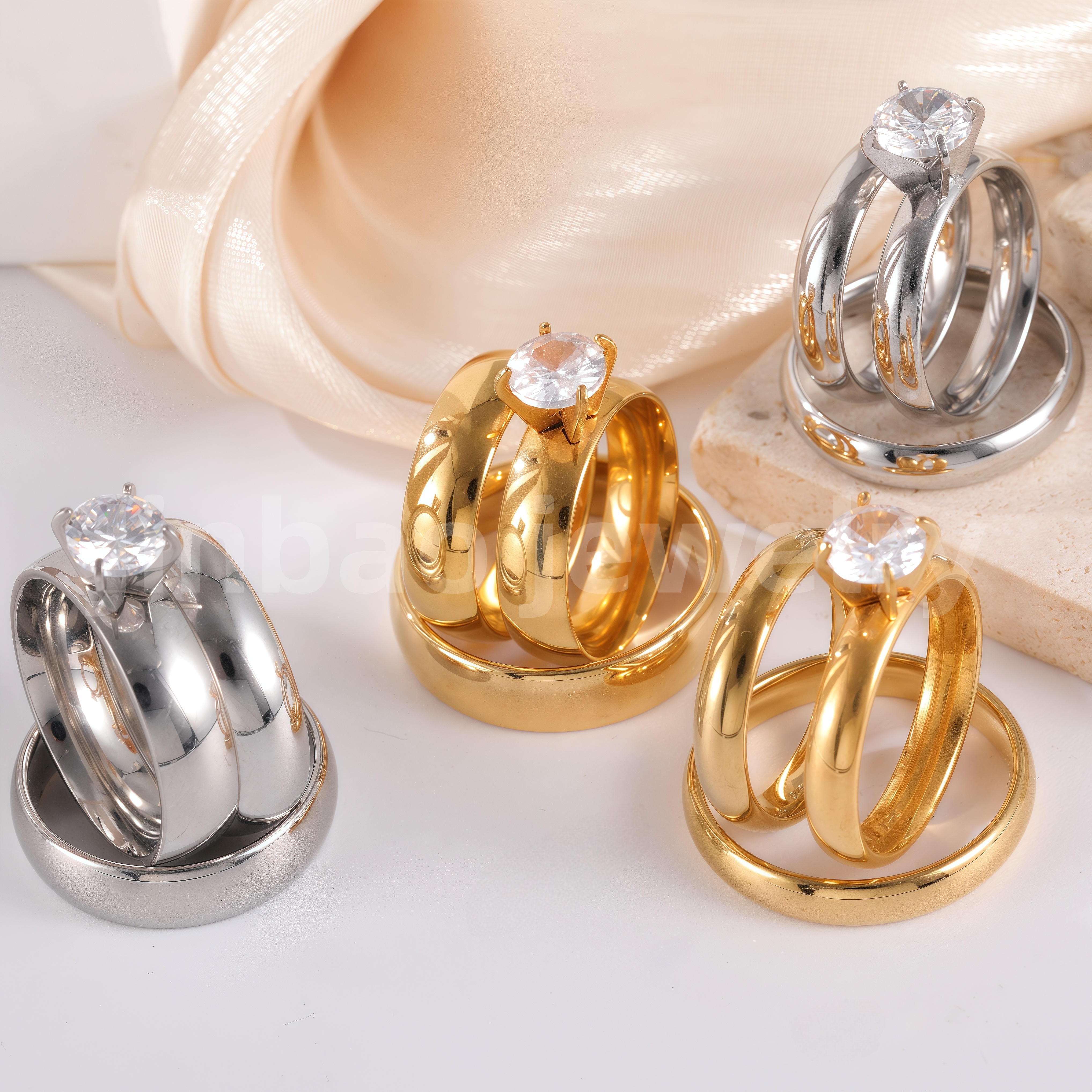 3 pc His & Her Wedding Ring Set Hypoallergenic 24k Gold, Cubic Zirconia, Size 6-10-JinBaoJewerly