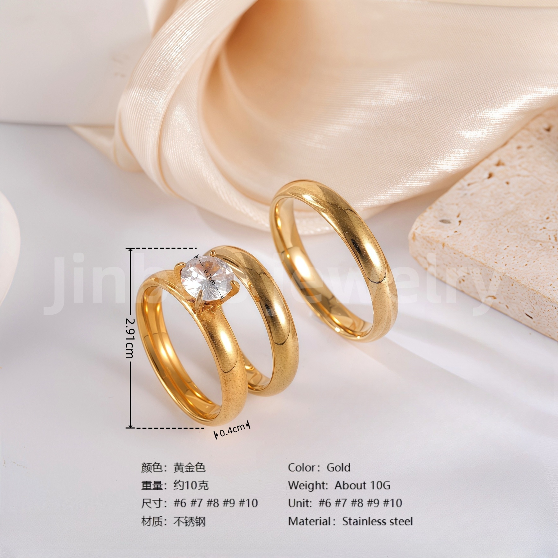 3 pc His & Her Wedding Ring Set Hypoallergenic 24k Gold, Cubic Zirconia, Size 6-10-JinBaoJewerly