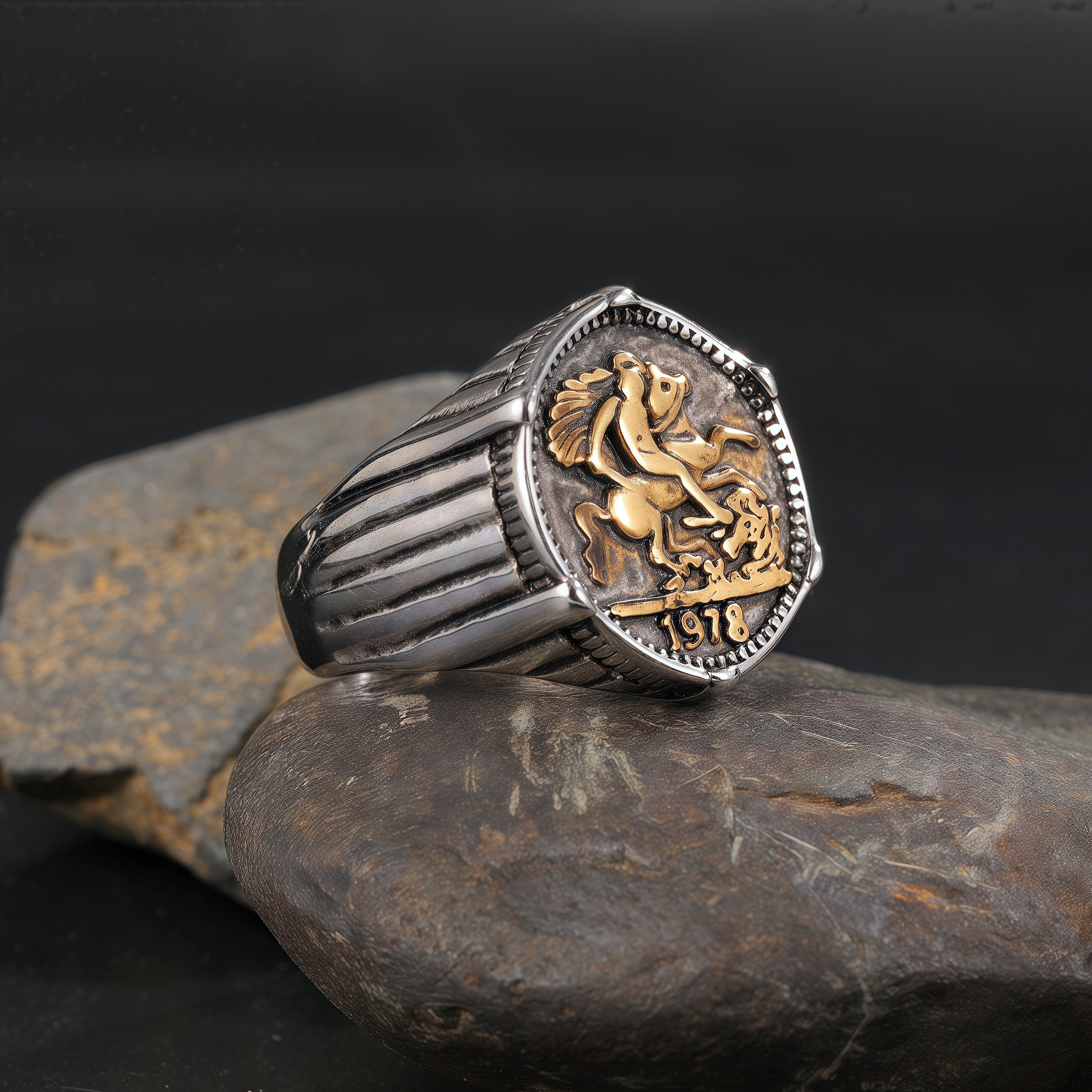 24K Gold PVD Stainless Steel Titanium Antique Coin Men's Ring-JinBaoJewerly