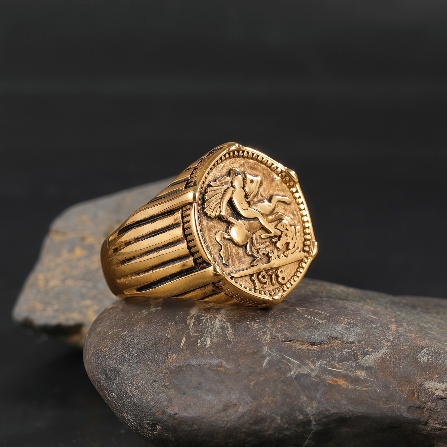 24K Gold PVD Stainless Steel Titanium Antique Coin Men's Ring-JinBaoJewerly