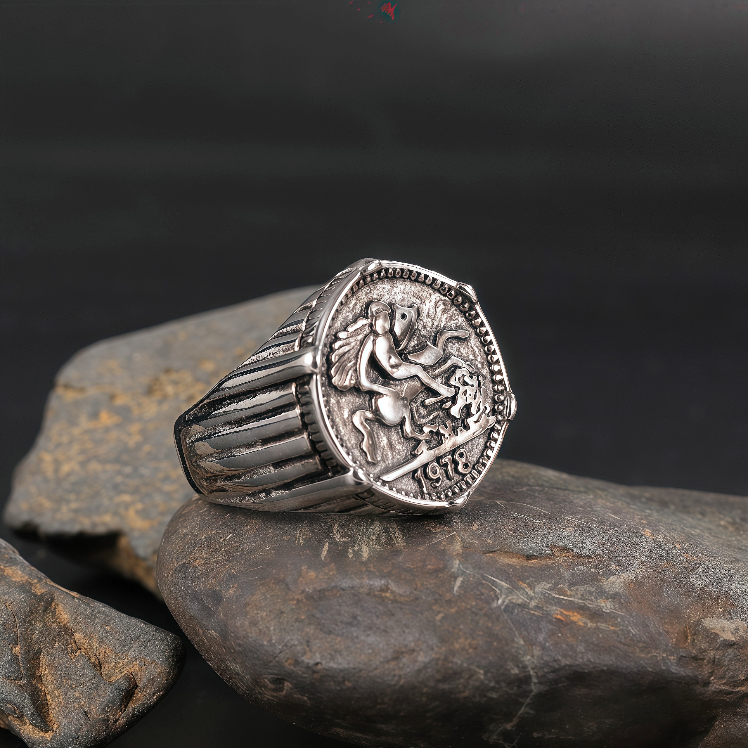 24K Gold PVD Stainless Steel Titanium Antique Coin Men's Ring-JinBaoJewerly