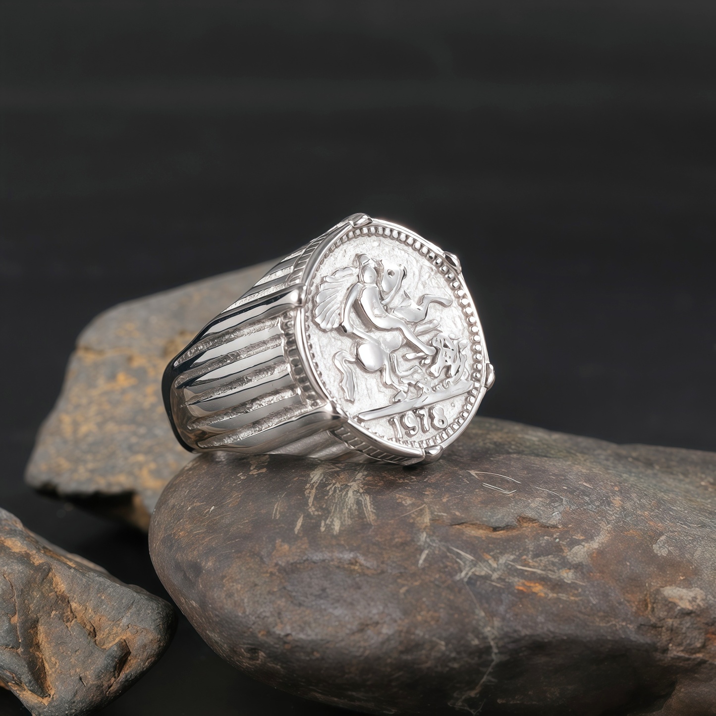 24K Gold PVD Stainless Steel Titanium Antique Coin Men's Ring-JinBaoJewerly