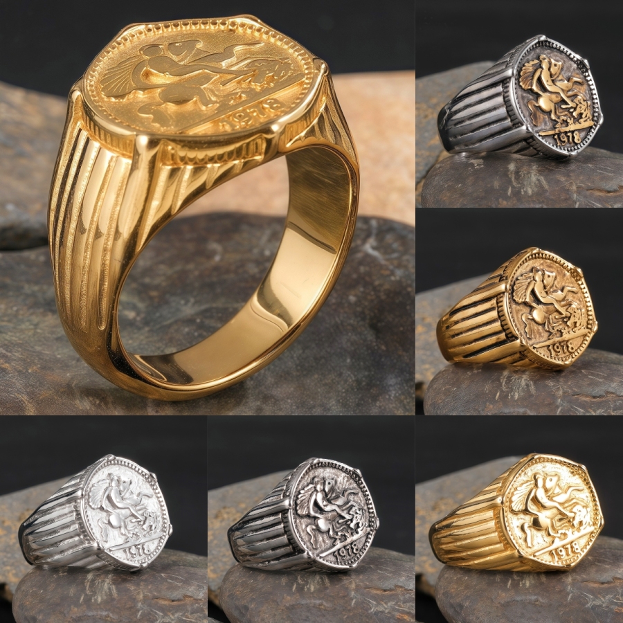 24K Gold PVD Stainless Steel Titanium Antique Coin Men's Ring
