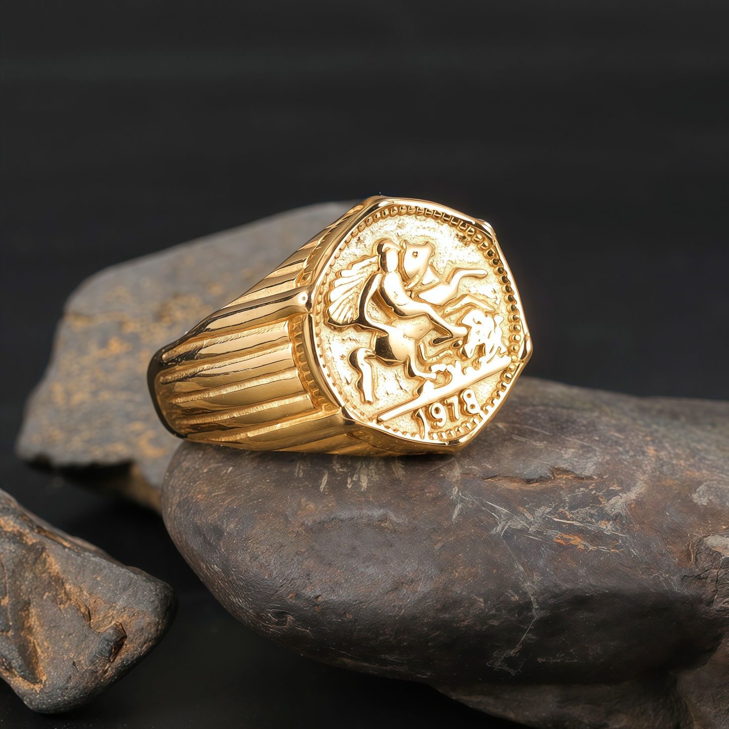 24K Gold PVD Stainless Steel Titanium Antique Coin Men's Ring-JinBaoJewerly