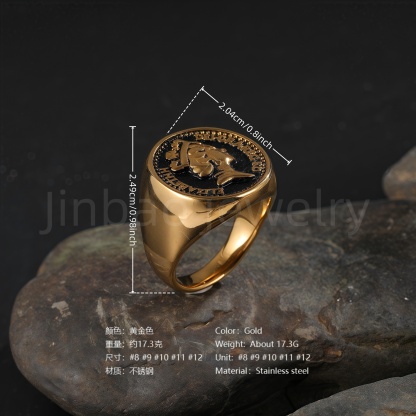 24K Gold PVD Stainless Steel Titanium Monarch's Coin Men's Ring-JinBaoJewerly