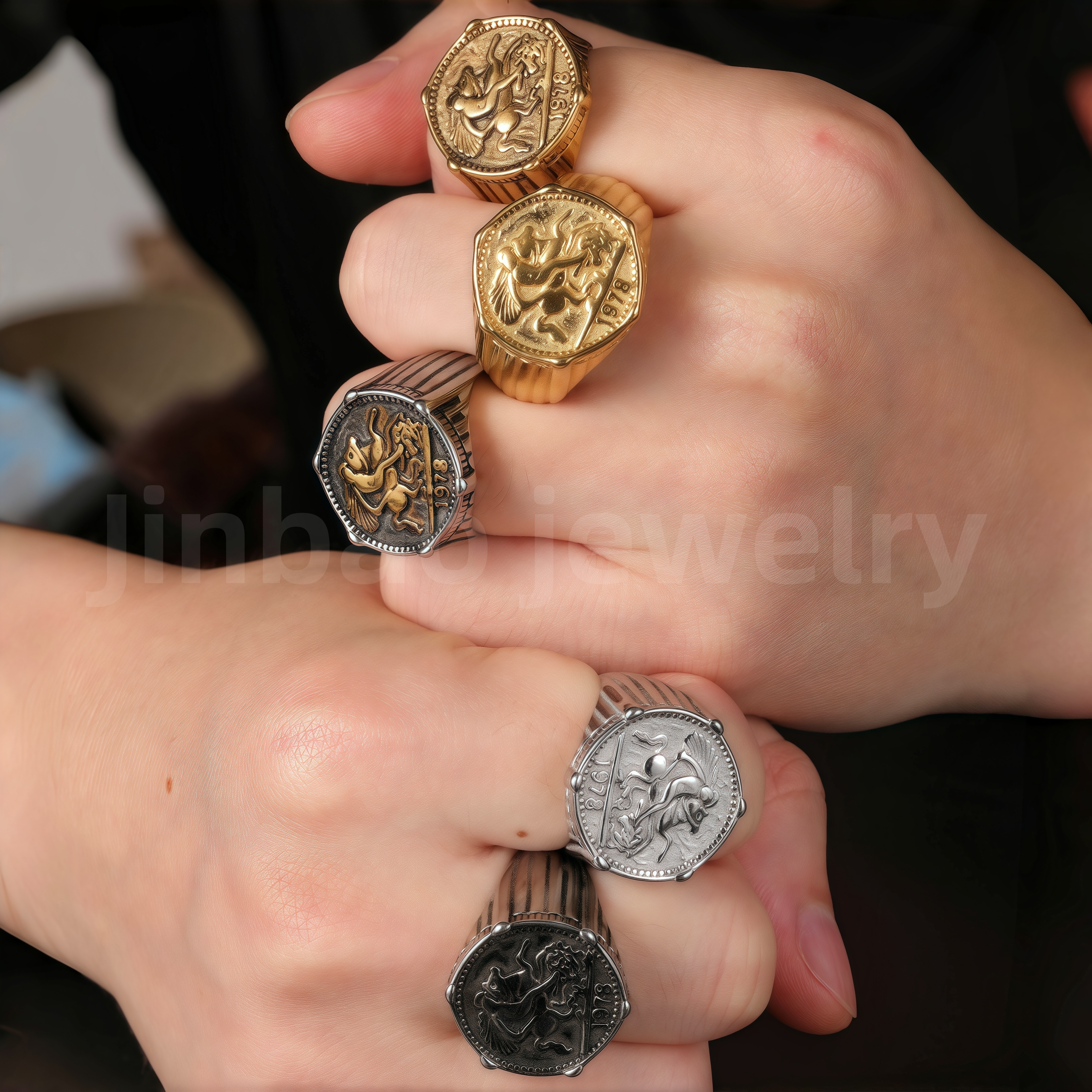 24K Gold PVD Stainless Steel Titanium Antique Coin Men's Ring-JinBaoJewerly