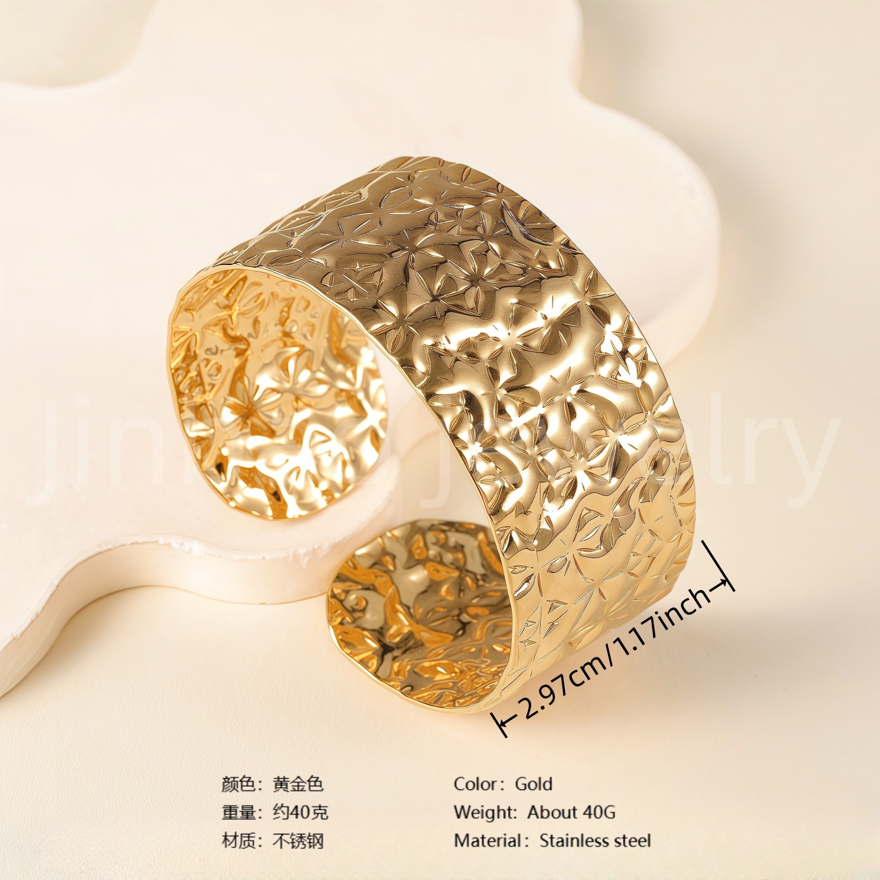 Elegant Floral Engraving 24K Gold PVD Stainless Steel Titanium Women's Bangle-JinBaoJewerly