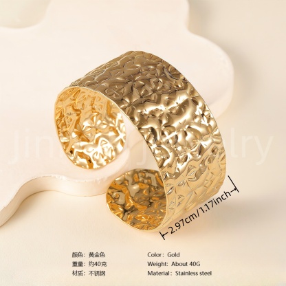 Elegant Floral Engraving 24K Gold PVD Stainless Steel Titanium Women's Bangle-JinBaoJewerly