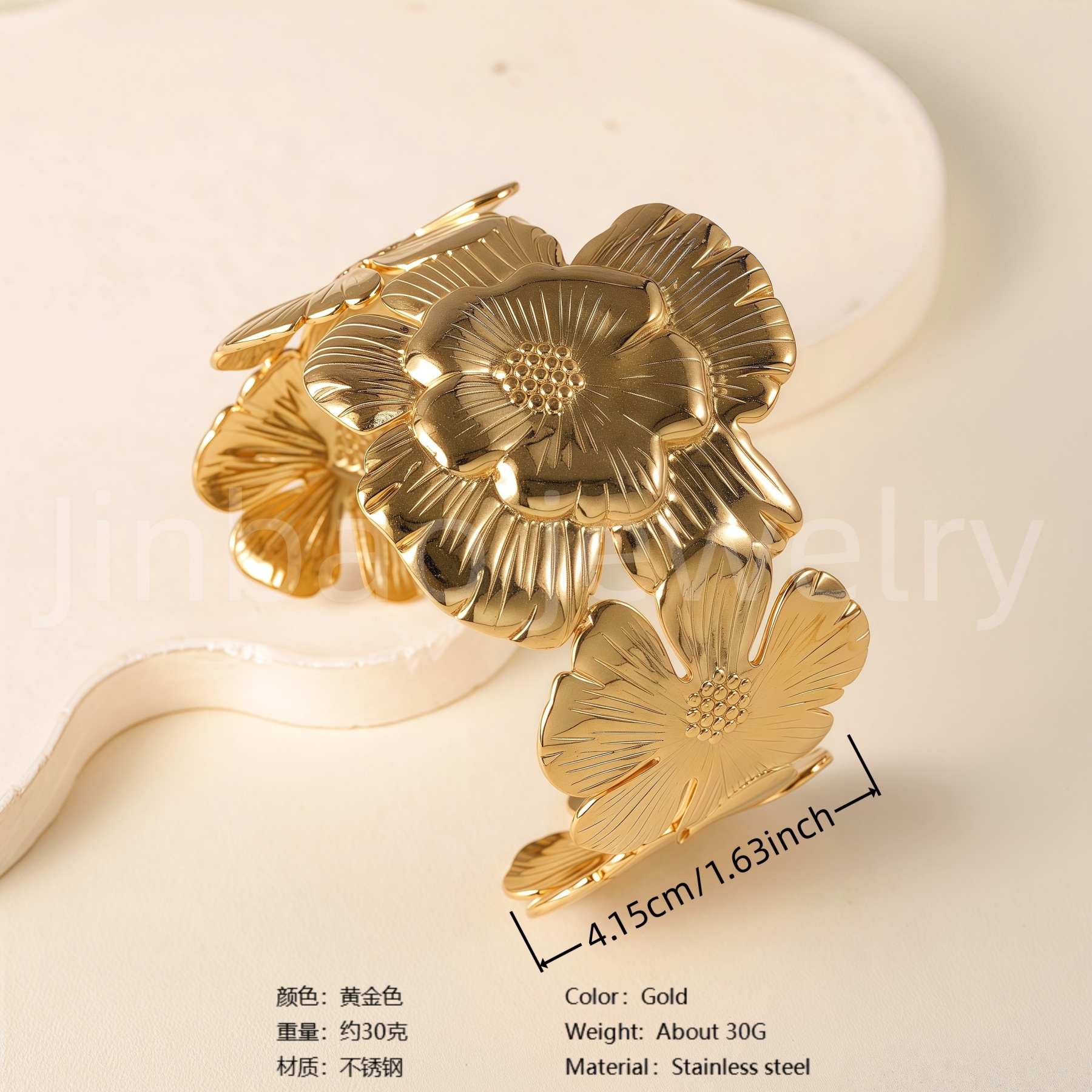 Elegant Floral Engraving 24K Gold PVD Stainless Steel Titanium Women's Bangle-JinBaoJewerly