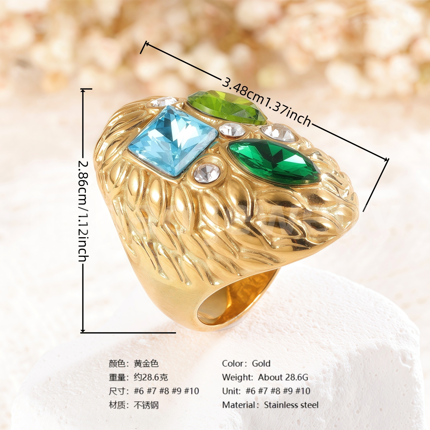 Vintage Multi-Gemstone Textured 24K Gold PVD Stainless Steel Titanium Women's Ring-JinBaoJewerly