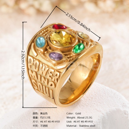 Vintage Multi-Gemstone Textured 24K Gold PVD Stainless Steel Titanium Women's Ring-JinBaoJewerly