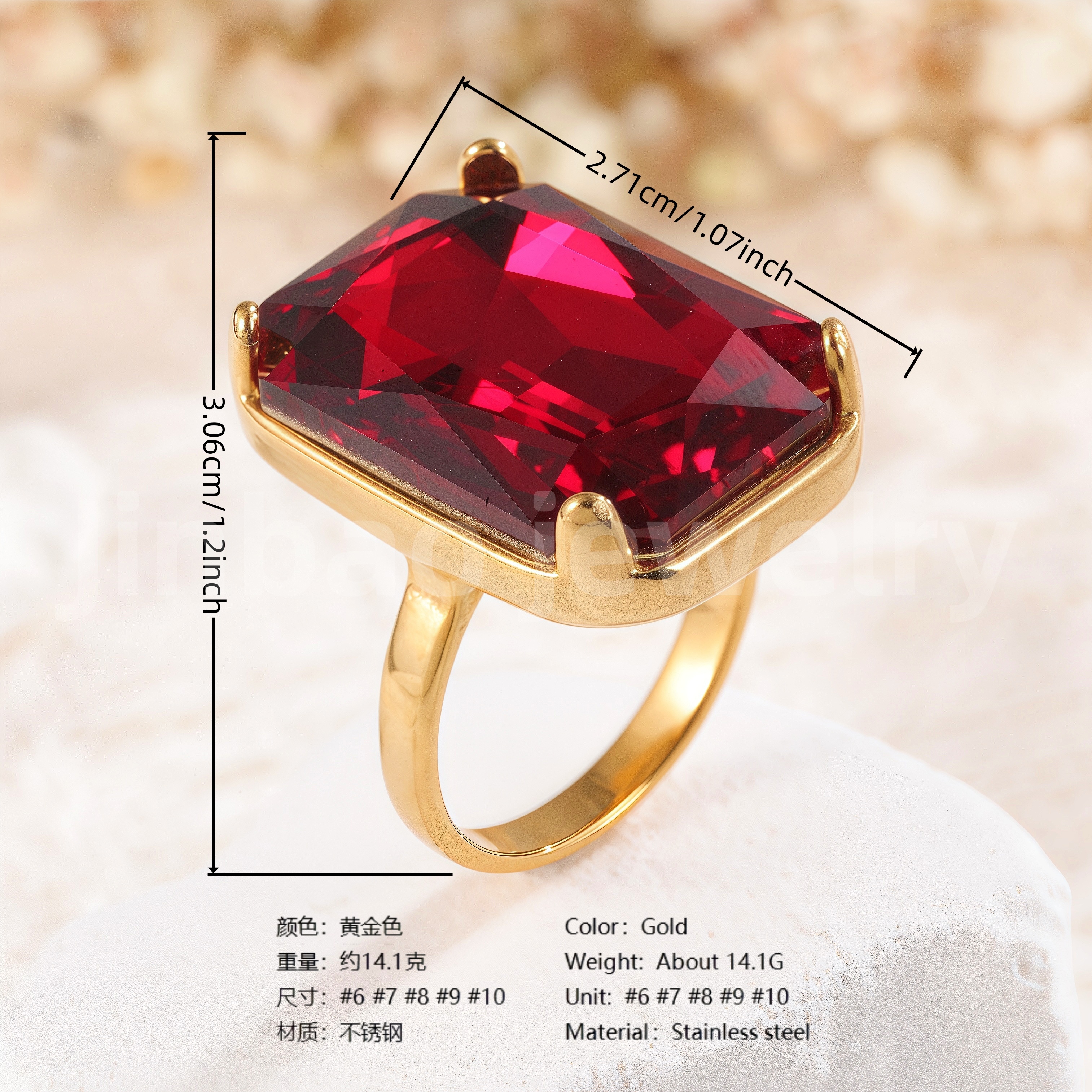 Vintage Multi-Gemstone Textured 24K Gold PVD Stainless Steel Titanium Women's Ring-JinBaoJewerly