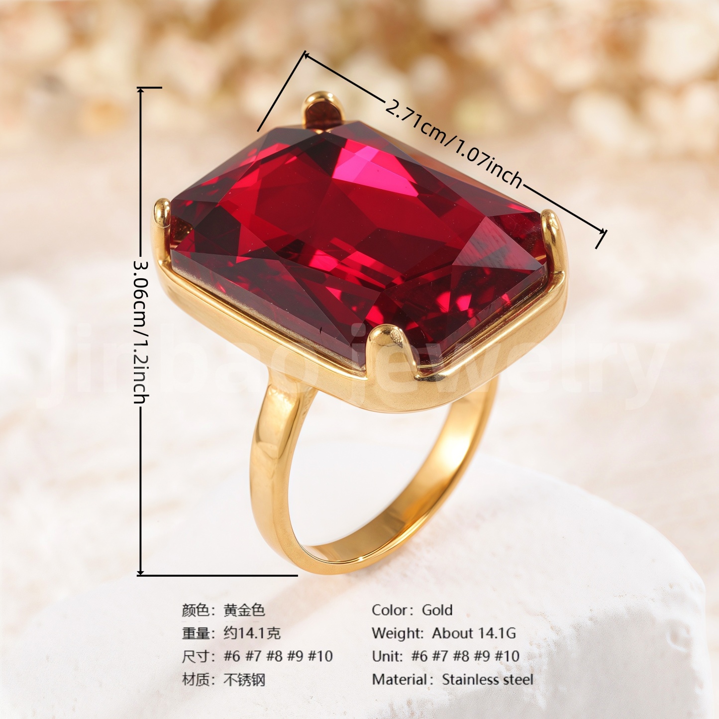 Vintage Multi-Gemstone Textured 24K Gold PVD Stainless Steel Titanium Women's Ring-JinBaoJewerly