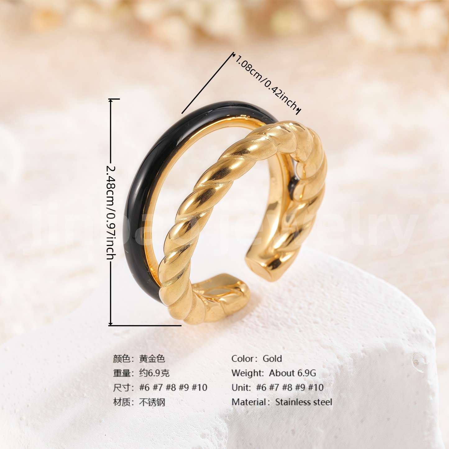 Crown Gemstone & Floral Cross 24K Gold PVD Stainless Steel Titanium Women's Ring.-JinBaoJewerly